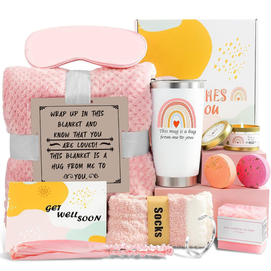 Get Well Soon Care Package, 12 Pcs Gift Basket for Sick Friends After Surgery, Feel Better Self Care Gift Box for Her with Pink Blanket