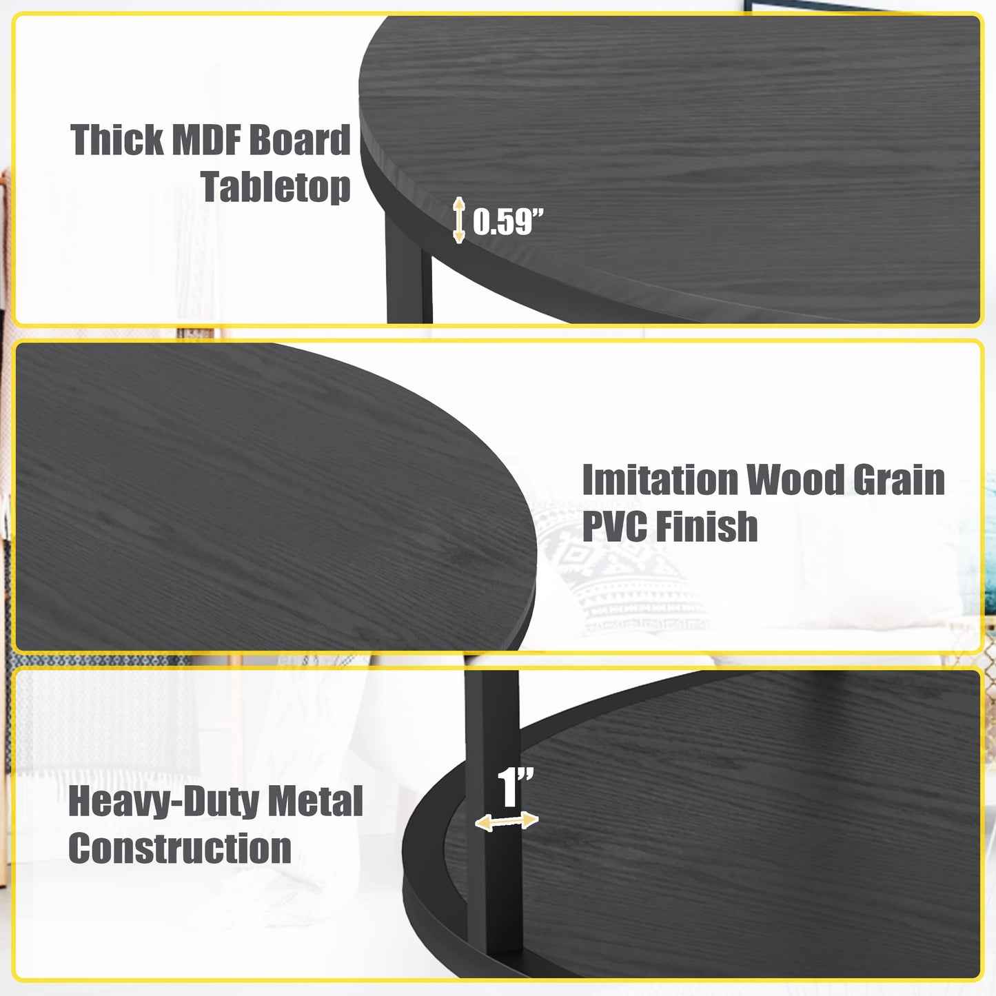 WiberWi Round Coffee Table Black 35.8" Circle Coffee Tables for Living Room Rustic Industrial Design with Sturdy Metal Frame Legs and Open Storage Shelf, Easy Assembly