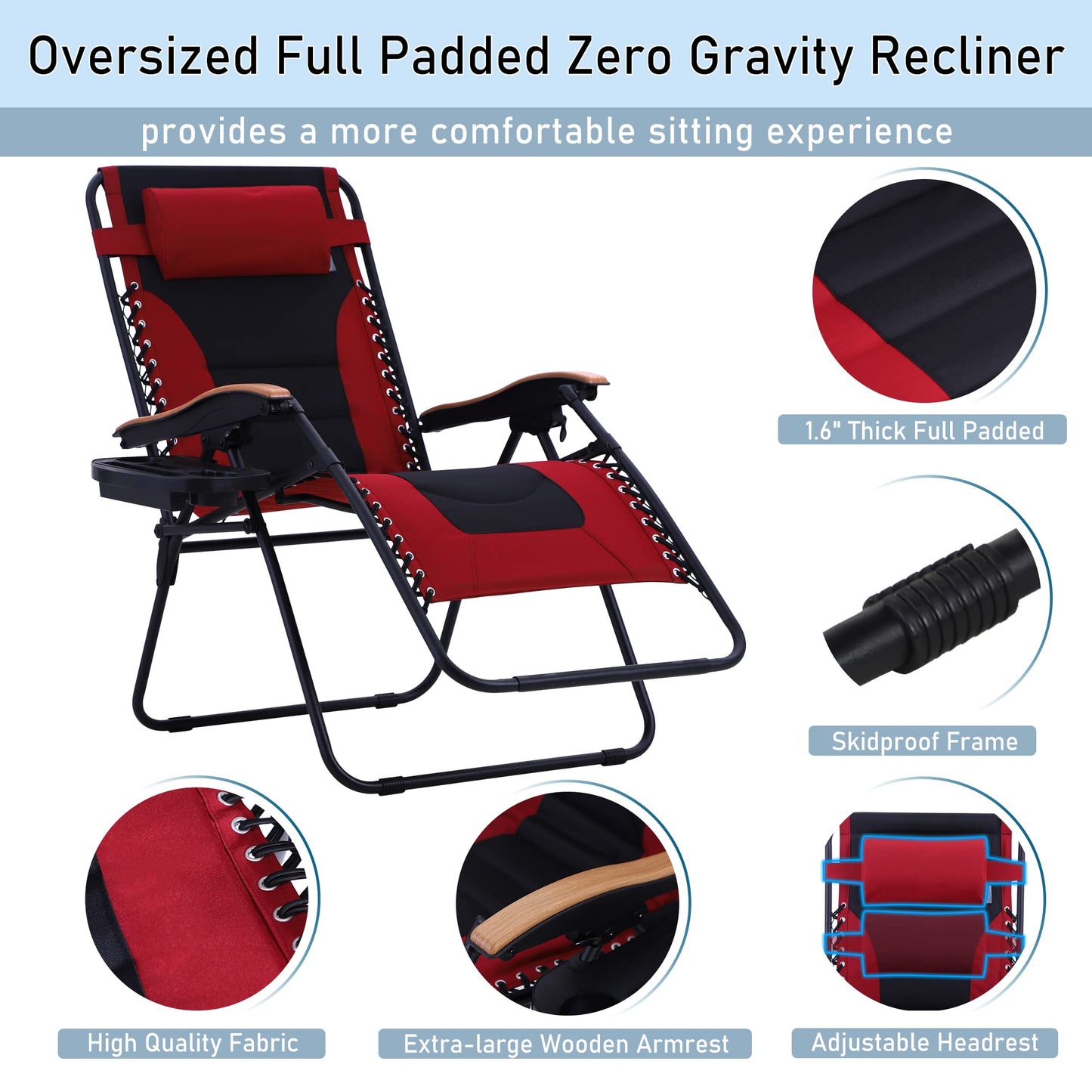 PHI VILLA XXL Oversized Padded Zero Gravity Chair, Foldable Patio Recliner, 30" Wide Seat Anti Gravity Lounger with Cup Holder, Set of 2, Support 400 LBS (Red)