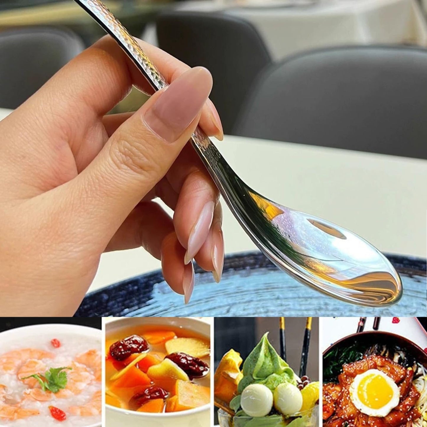 OULIGET Thickened Stainless Steel Soup Spoons, Asian Chinese Japanese Flat Soup Spoons Large for Ramen Pho Wonton Dumpling Miso, Deep Oval Hook Design, Set of 4,6.5 Inches