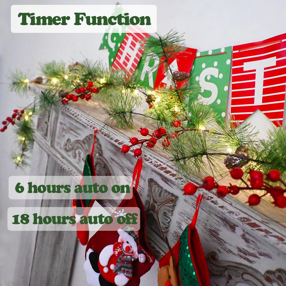 HamiFinee Christmas Garland with LED Fairy Lights Battery Operated Smokey Pine Garlands with 8 Flash Modes and Timer Red Berries Bells Pine Cones Green Garland Rustic Garlands for Xmas Holiday Home