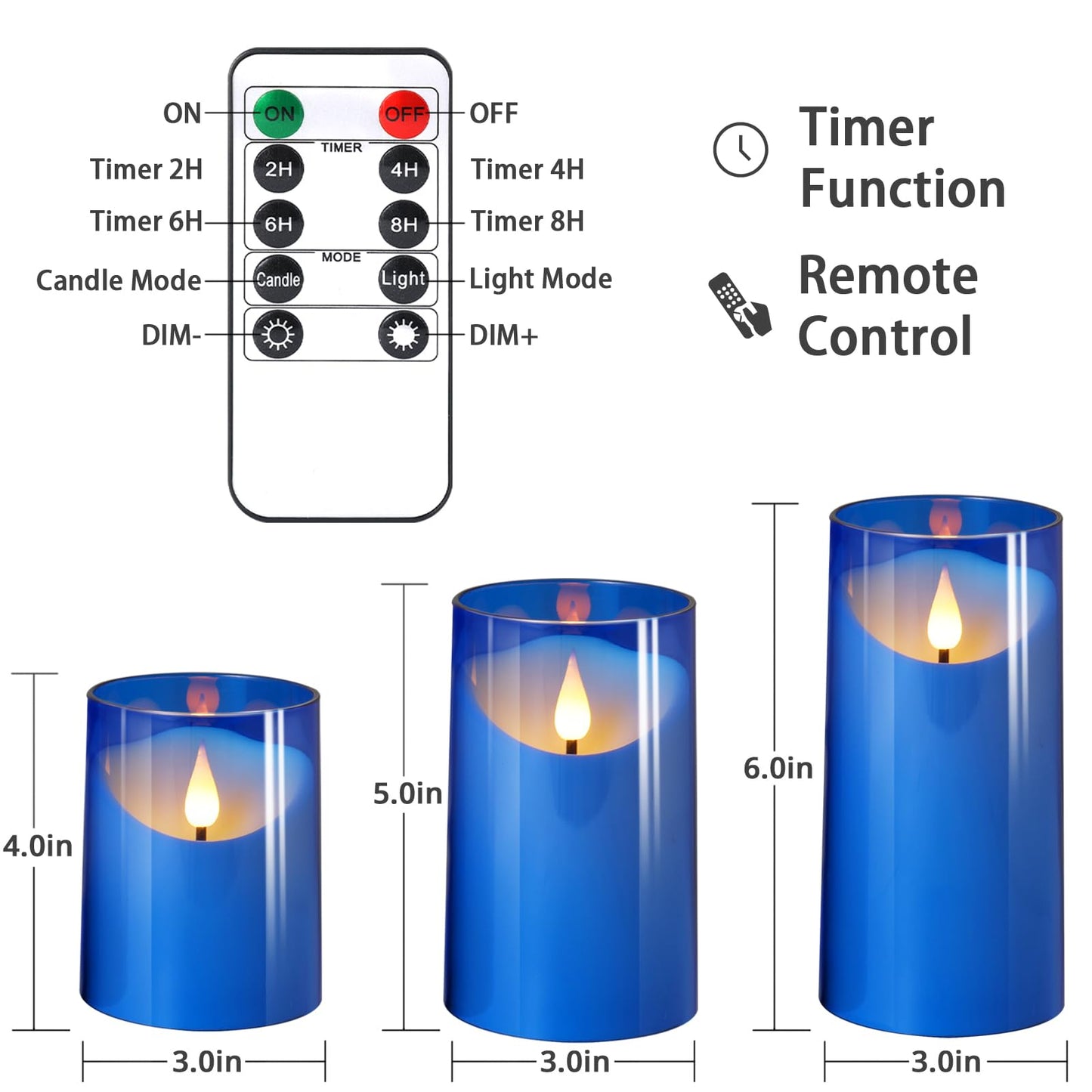 NURADA Flameless Candles: LED Pillar Acrylic Battery Candles with Remote and Timer for Wedding Party Romantic Decor - Pack of 3 Blue