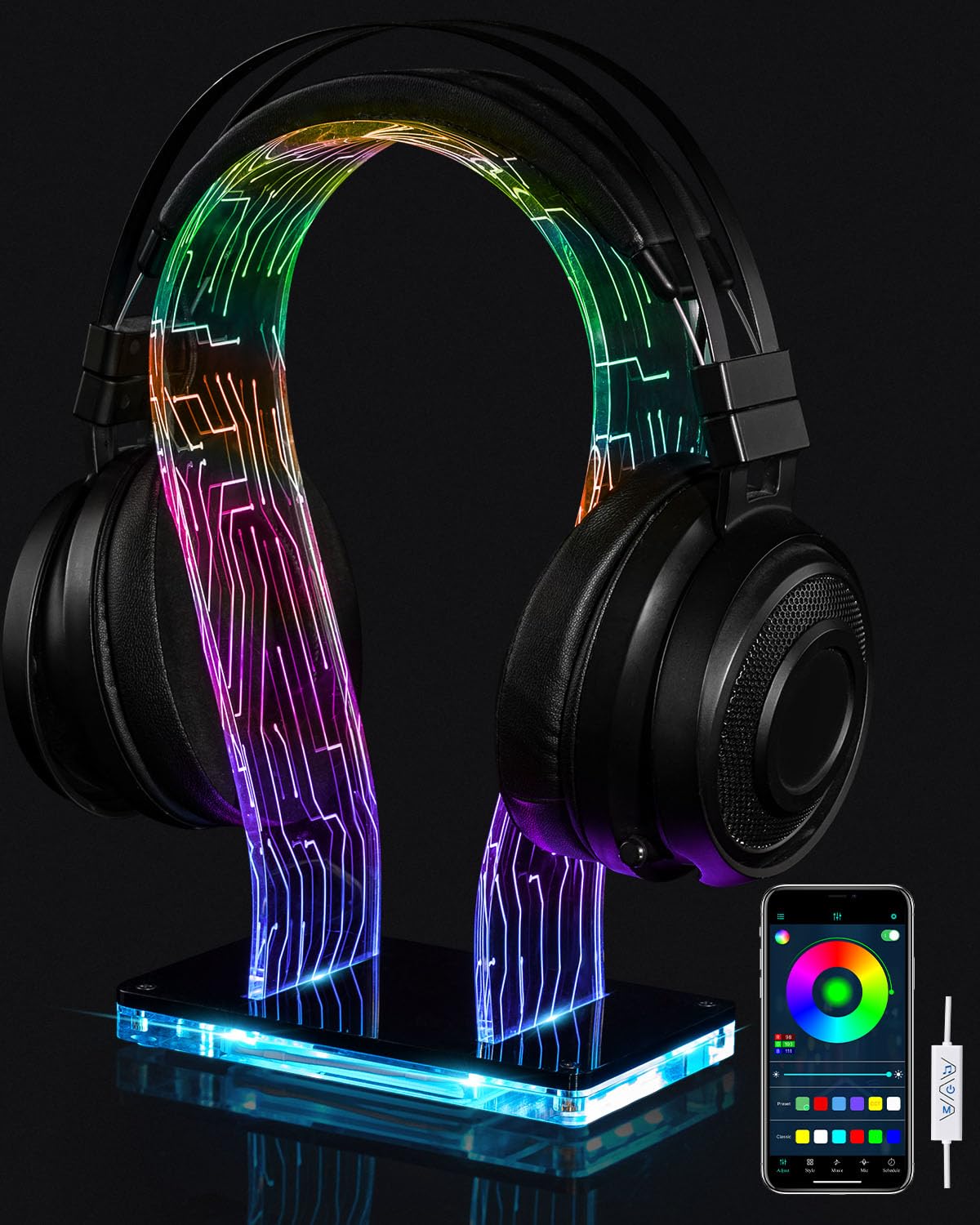 OAPRIRE RGB Headphone Stand with 213 Modes 60K Colors, Music Rhythm Sync, Acrylic Headphone Stand for Desk Enhances Gaming Setup Experience, Gaming Headset Holder with APP & Wired Controller