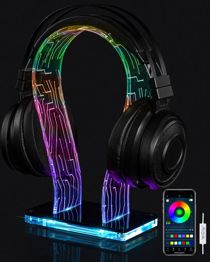 OAPRIRE RGB Headphone Stand with 213 Modes 60K Colors, Music Rhythm Sync, Acrylic Headphone Stand for Desk Enhances Gaming Setup Experience, Gaming Headset Holder with APP & Wired Controller