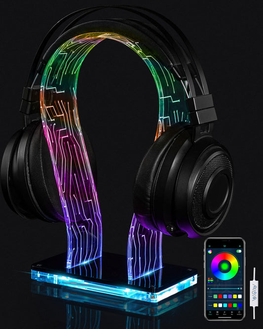 OAPRIRE RGB Headphone Stand with 213 Modes 60K Colors, Music Rhythm Sync, Acrylic Headphone Stand for Desk Enhances Gaming Setup Experience, Gaming Headset Holder with APP & Wired Controller