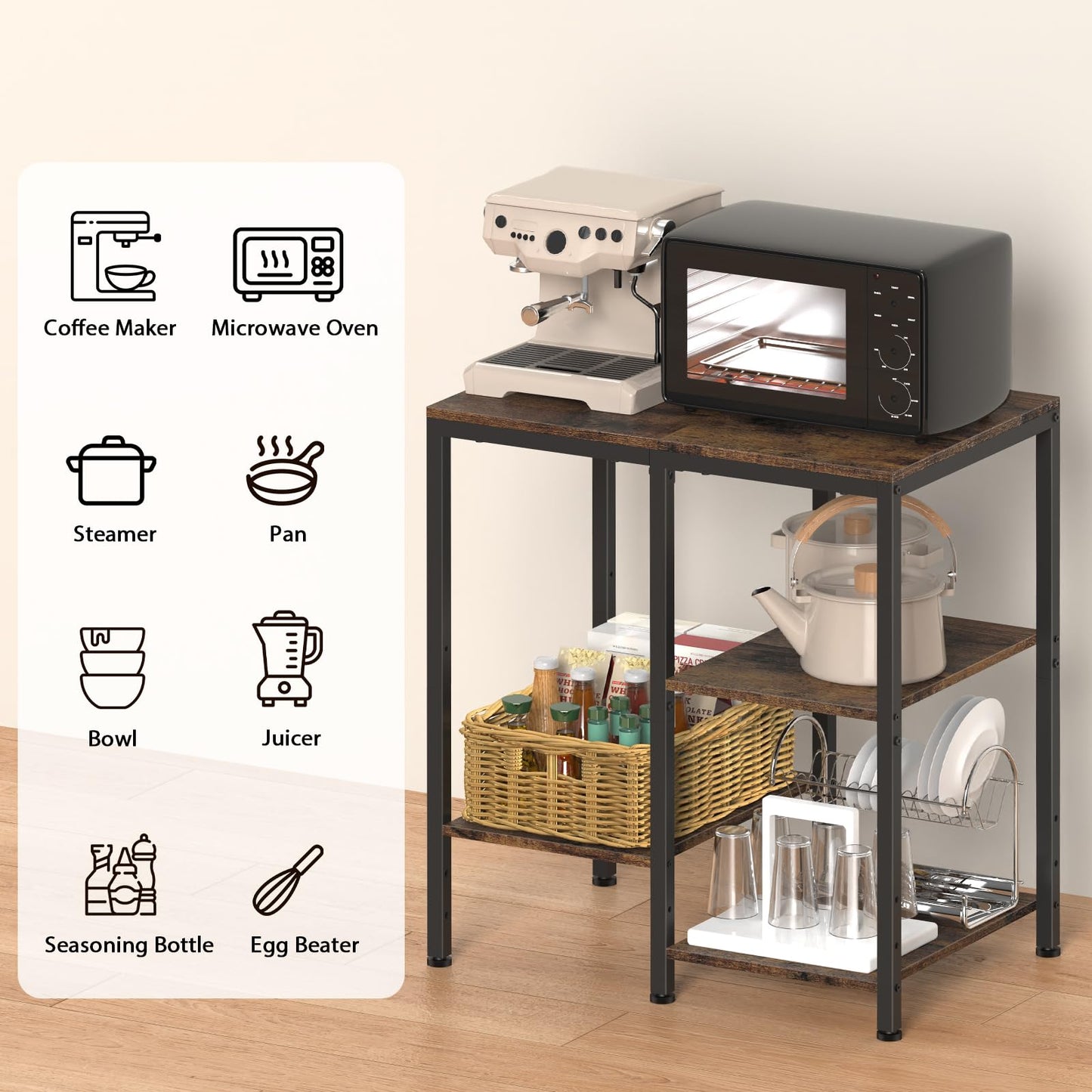 OGEMXU Kitchen Microwave Stand,4-Tier Adjustable Bakers Rack,Multi-Purpose Kitchen Storage Cart for Coffee Station,Space-Saving Metal Appliance Shelf for Living Room,Rustic Brown