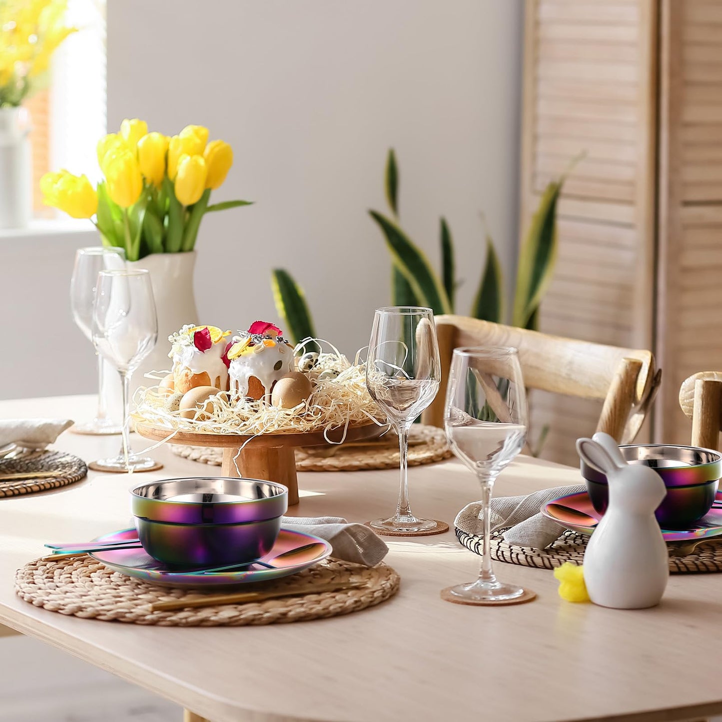 Honeydak 36 Pcs Stainless Steel Utensils Camping Tableware Kit Include Set of 6 Plate Bowl Cups Spoons Forks Knives Flatware Set for Backpacking Camping Hiking and Picnic(Rainbow Color)