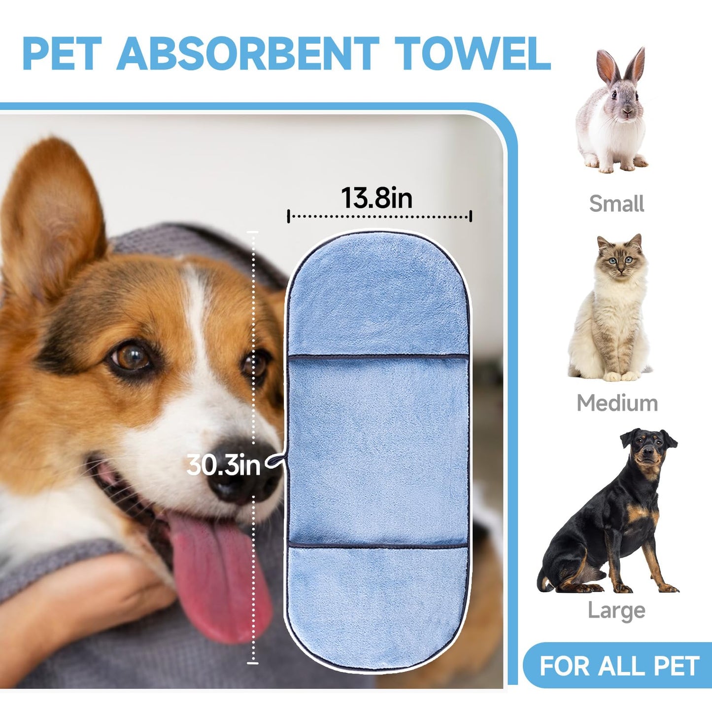 KUEIOX Dog Washing Gloves - Quick Drying Dog Towel,Cat Bath Grooming Gloves Brush with High-Density Teeth for Bathing Massaging，Absorbent Pet Bath Towel 30.3"x13.8" with Hand Pocket for Dog Cat Blue