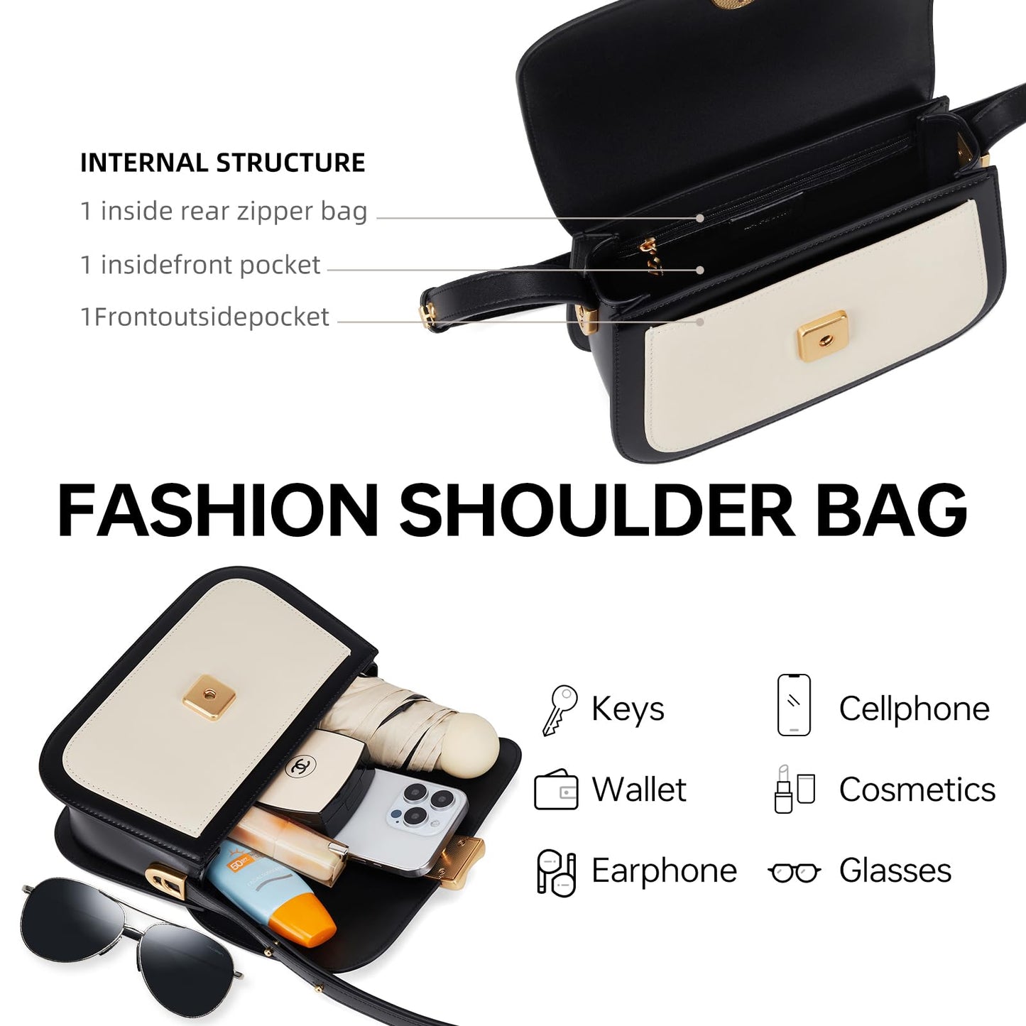 LA'FESTIN Genuine Leather Shoulder Purse for Women, Designer Handbag with Adjustable Strap, Going Out Crossbody Bag (White)