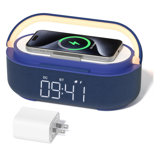 COLSUR 6-in-1 Bluetooth Speaker Alarm Clock with 15W Wireless Charger, FM Radio, Adjustable LED Night Light, 2500mAh Battery, Snooze Function – for Bedroom, Home, Office