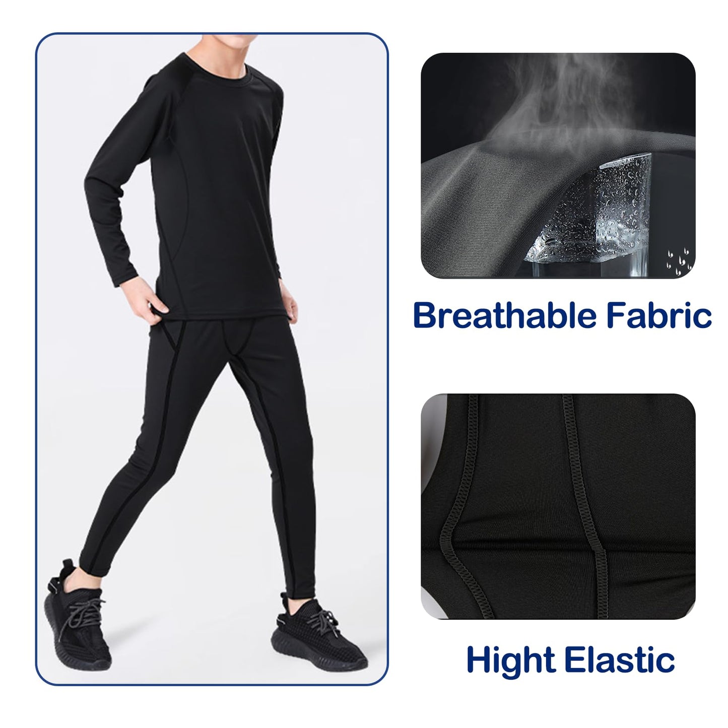 SS COLOR FISH Boys Compression Shirt Long Sleeve and Pants Set Youth Undershirts Athletic Tights Baselayer for Kids Baseball Black