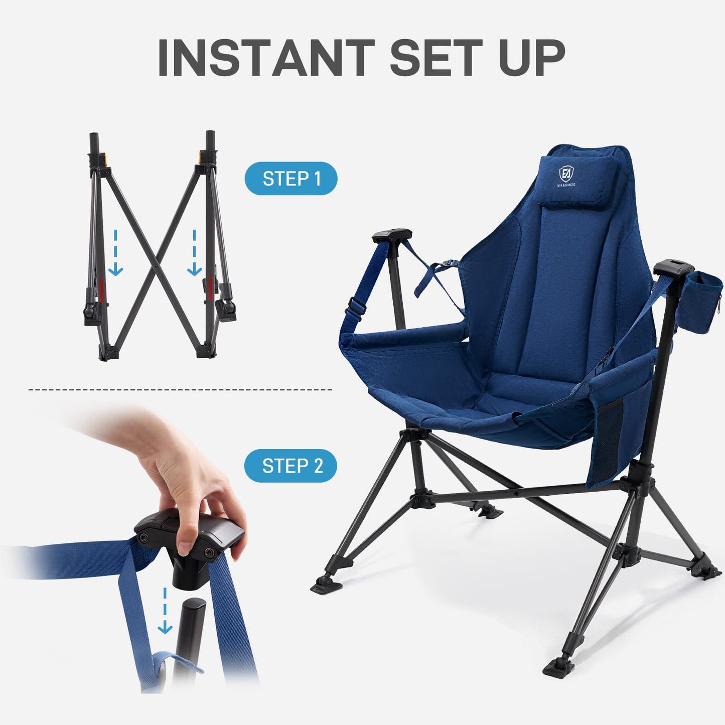 EVER ADVANCED Padded Hammock Camping Chair, Oversized Heavy Duty Swing Chair with Detachable Cup Holder, Portable Folding Rocking Camping Chair, Support Up to 400lbs, Blue