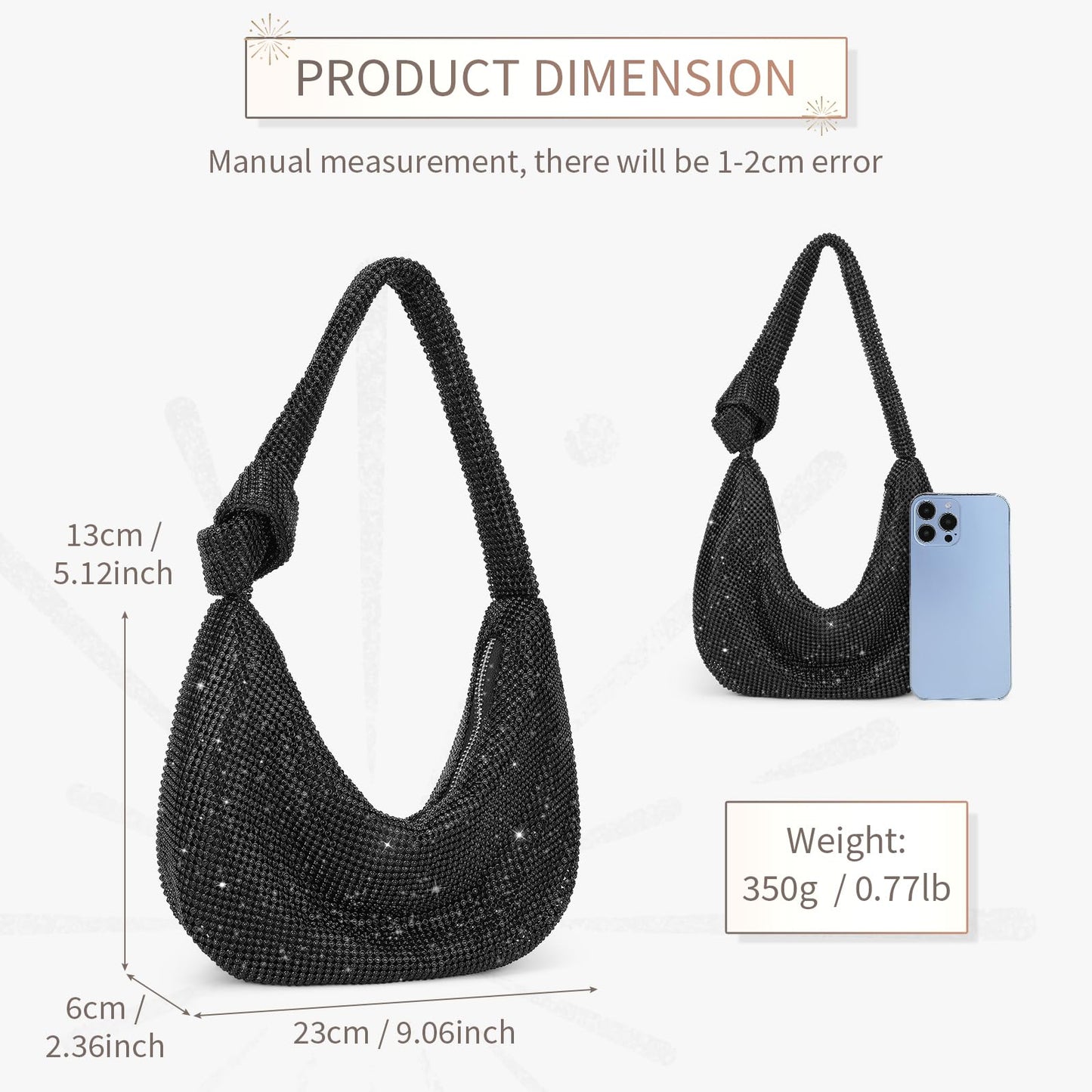 UBORSE Black Rhinestone Purse for Women Formal Evening Bag Clutch Wedding Black Purse Sparkly Prom Cocktail Party Handbag