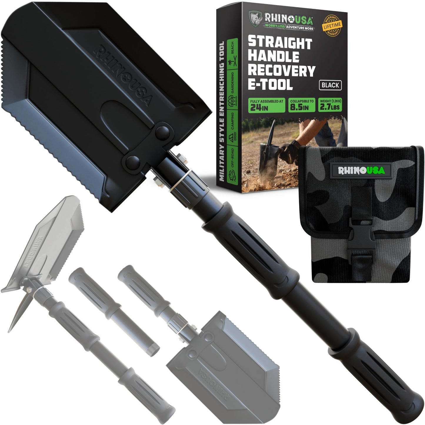 RHINO USA Folding Survival Shovel w/Pick - Heavy Duty Carbon Steel Military Style Entrenching Tool for Off Road, Camping, Gardening, Beach, Digging Dirt, Sand, Mud & Snow.