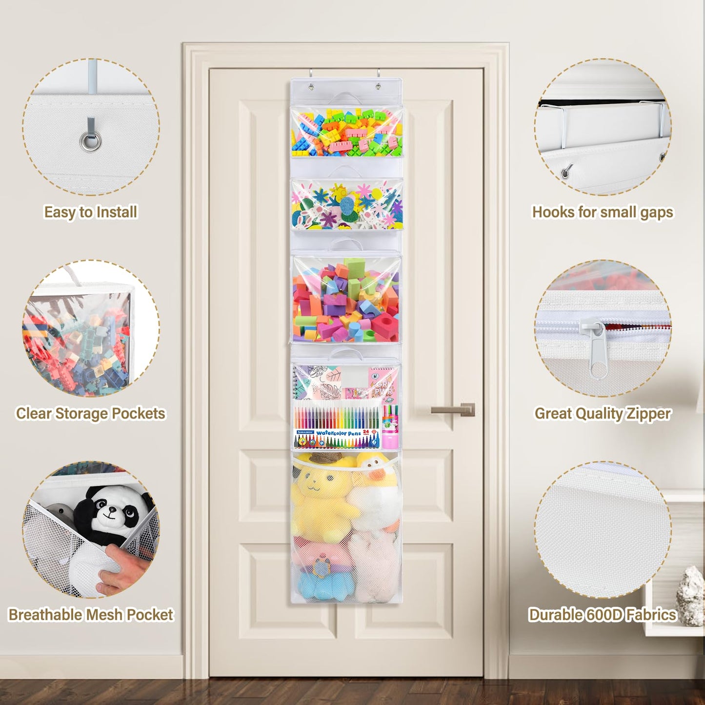 Woodoulogy Hanging Toy Storage over Door, Block Stuffed Animal Organizer Idea with 4 Removable Case Bag, Bi-Fold Closet Holder with Mesh Pocket for Kid Boy Girl
