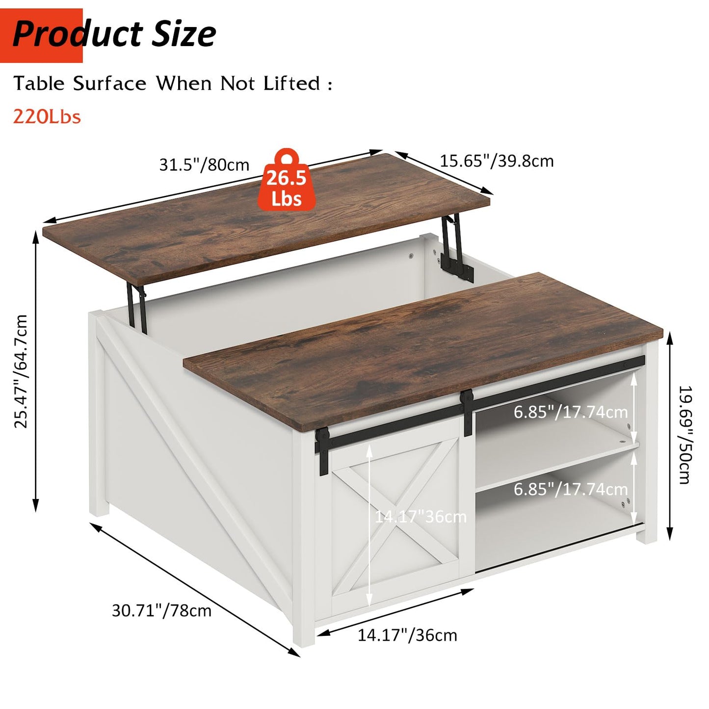 PUKAMI Lift Top Coffee Table with Storage, 31.5" Farmhouse Coffee Table for Living Room, Square Coffee Tables with Large Hidden Storage and Sliding Barn Doors, White