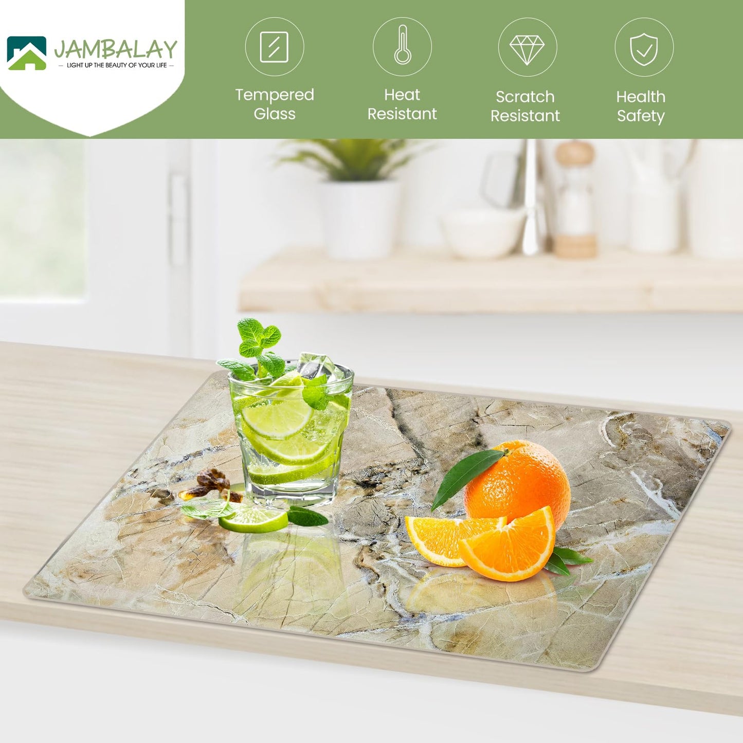 JAMBALAY Tempered Glass Cutting Board for Kitchen, 16"x12" Glass Cutting Board with Design, Chopping Board with Rubber Non Slip Feet, Heat, Shatter Resistant, Dishwasher Safe, WarmBrown