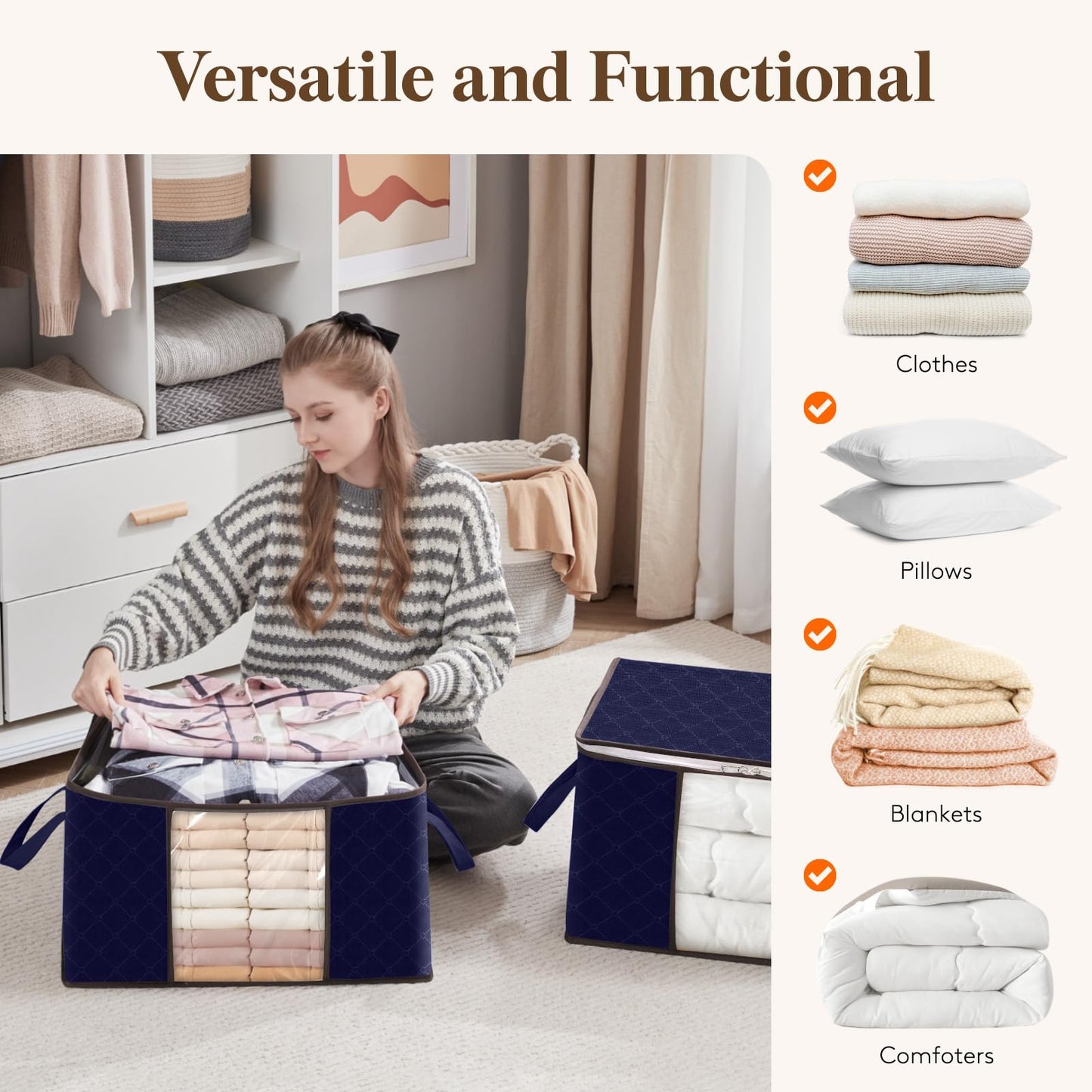 Lifewit 90L Large Storage Bags, 6 Pack Closet Organizers and Storage, Clothes Storage Bins with Lids, Foldable Storage Containers with Reinforced Handles for Clothing, Blanket, Bedding, Comforter Blue