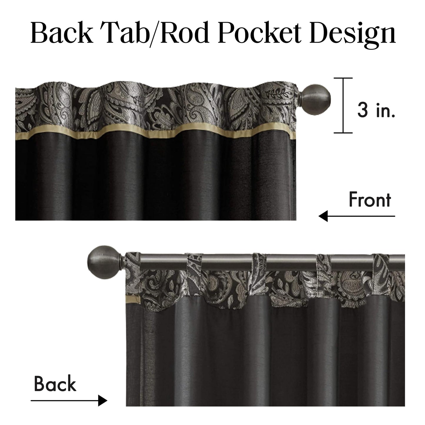 Madison Park Aubrey 2 Panel Curtain Faux Silk Paisley Jacquard, Rod Pocket Curtain For Living Room, Kitchen, Room Darkening Window Drape for Bedroom and Dorm, 2-PK 50x84", Black