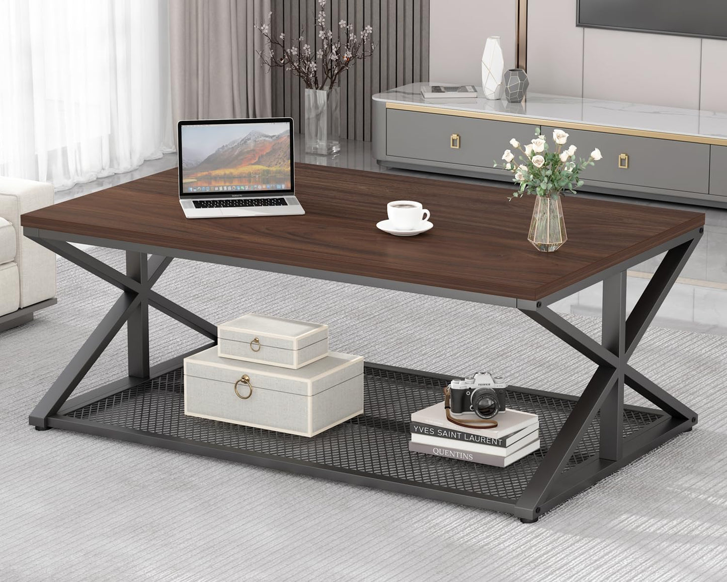 IBF Walnut Coffee Table with Storage, Industrial Wood Metal Rectangle Living Room Table, Vintage 2 Tier Middle Center Table with Mesh Shelf, Walnut, 47 inch