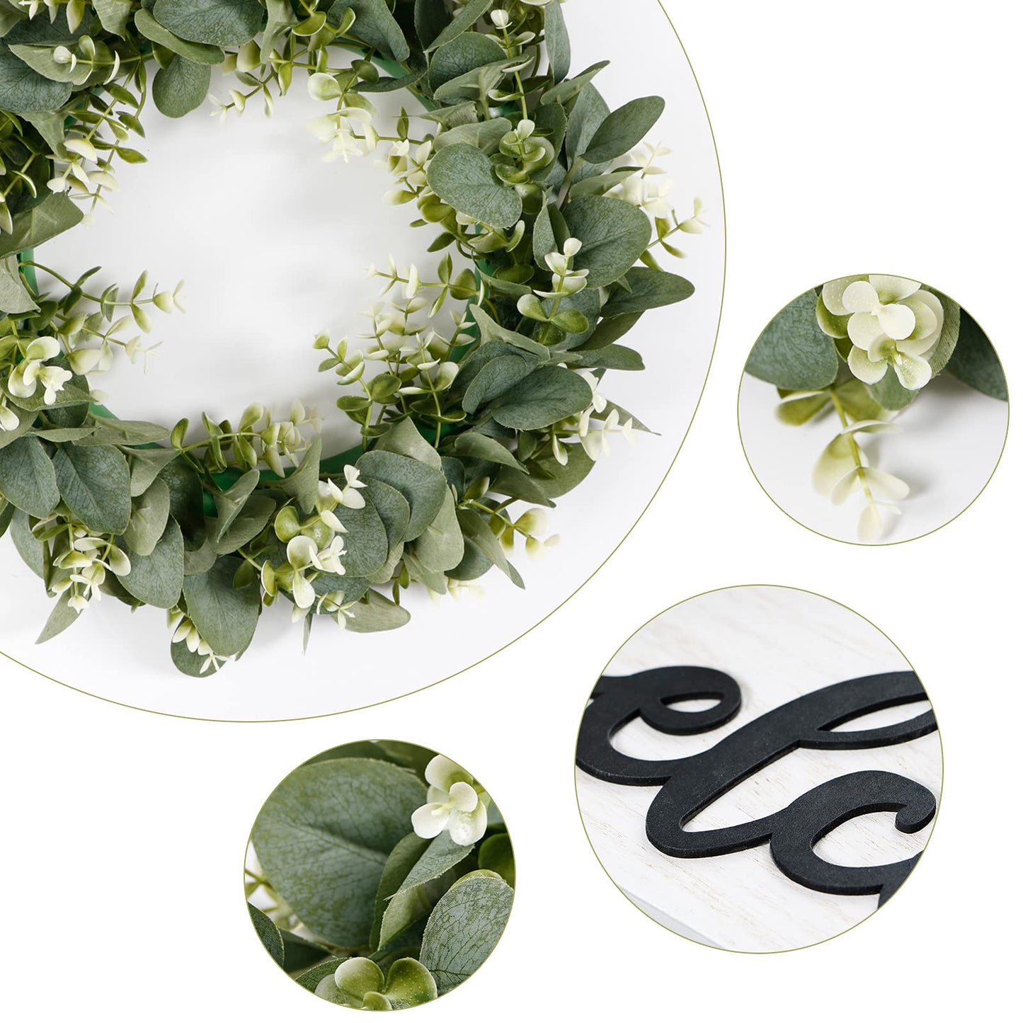 Dremisland 16 Inch Eucalyptus Leaves Wreath,Artificial Green Leaves Wreath with Welcome Sign Board for Front Door Window Farmhouse Garden Festival Celebration Home Decoration (White)