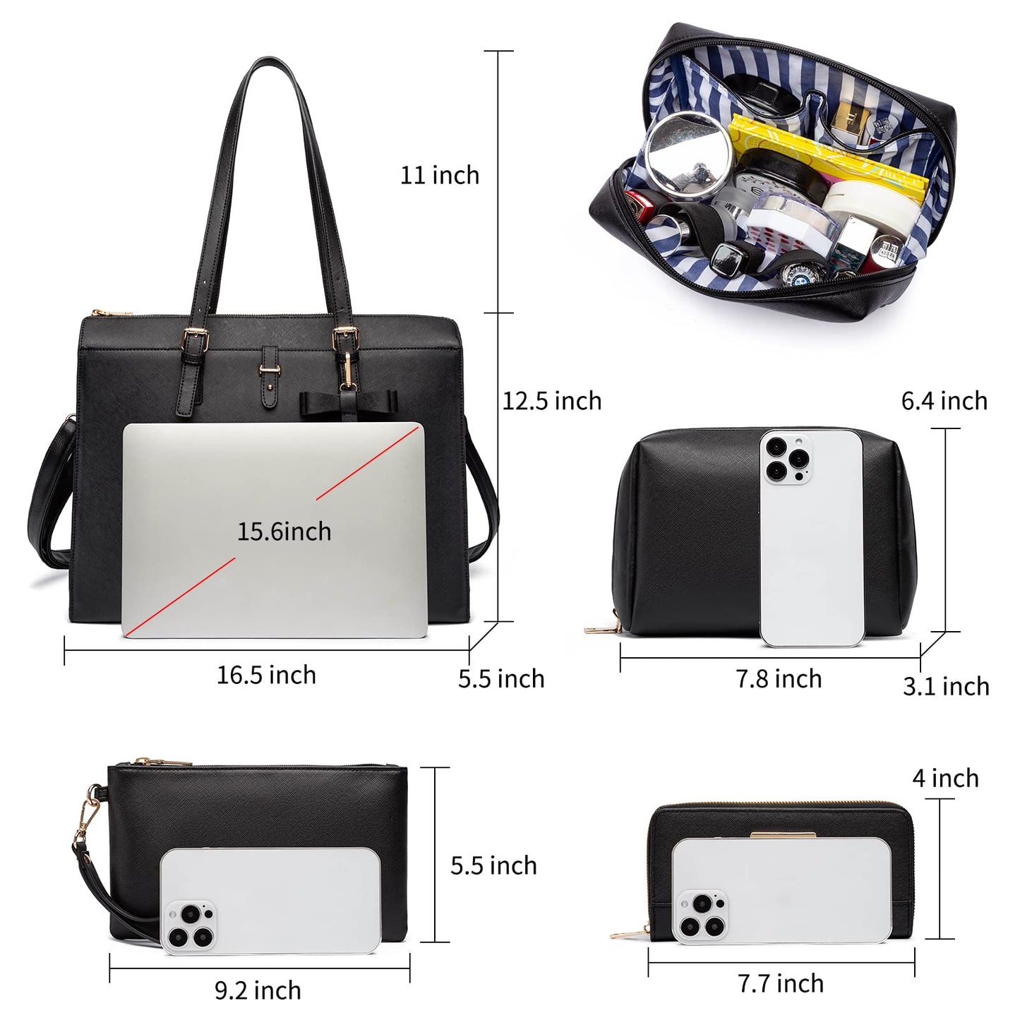 Keyli Laptop Tote Bag for Women Waterproof Leather Work Laptop Briefcase with Built-in USB Charging Port Computer Shoulder Bags Fits 15.6 Inch, Business Handbag Purse 4pcs Set Black