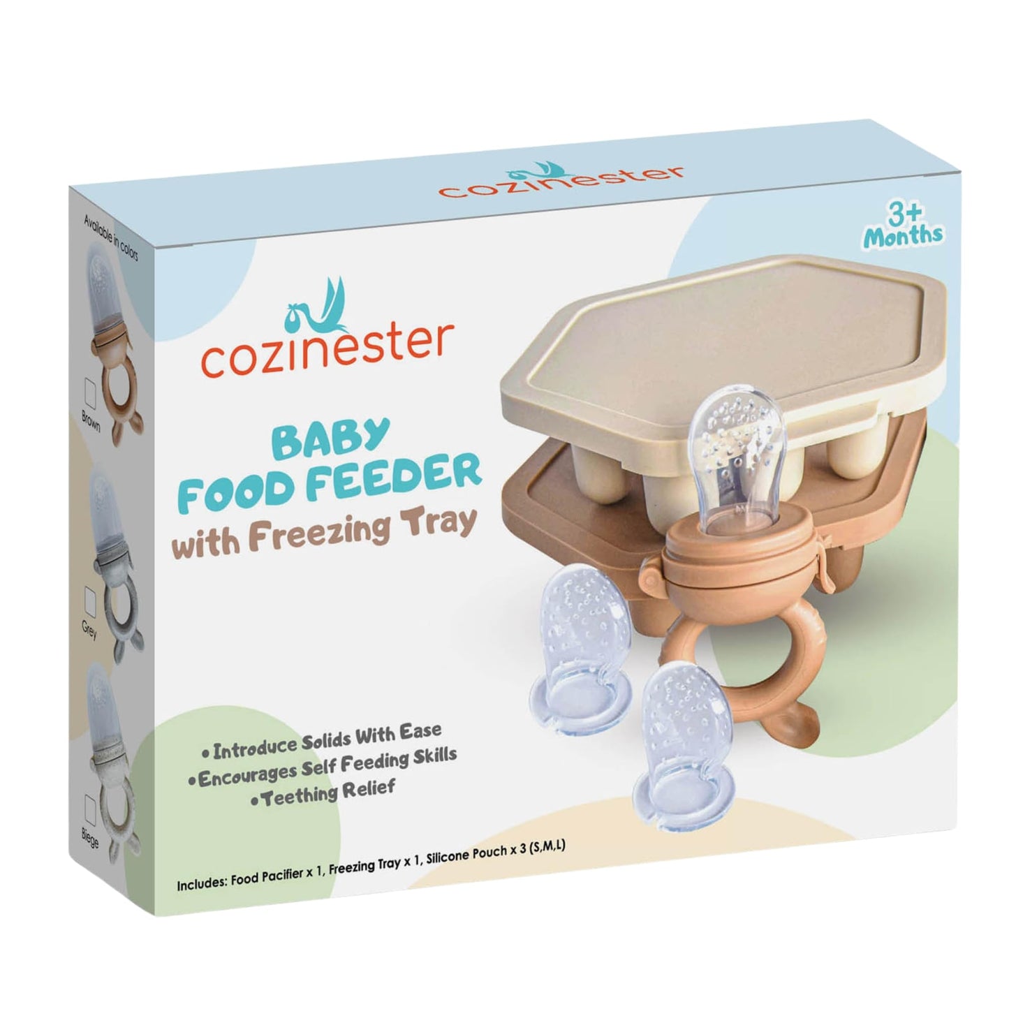 Cozinester Baby Fruit Feeder & Teething Relief | Baby Feeding Essentials | Innovative Baby Teething Relief Tool | BPA Free Breast Milk Popsicle Teether for Self Feeding | Includes 2 Pouches (Brown)