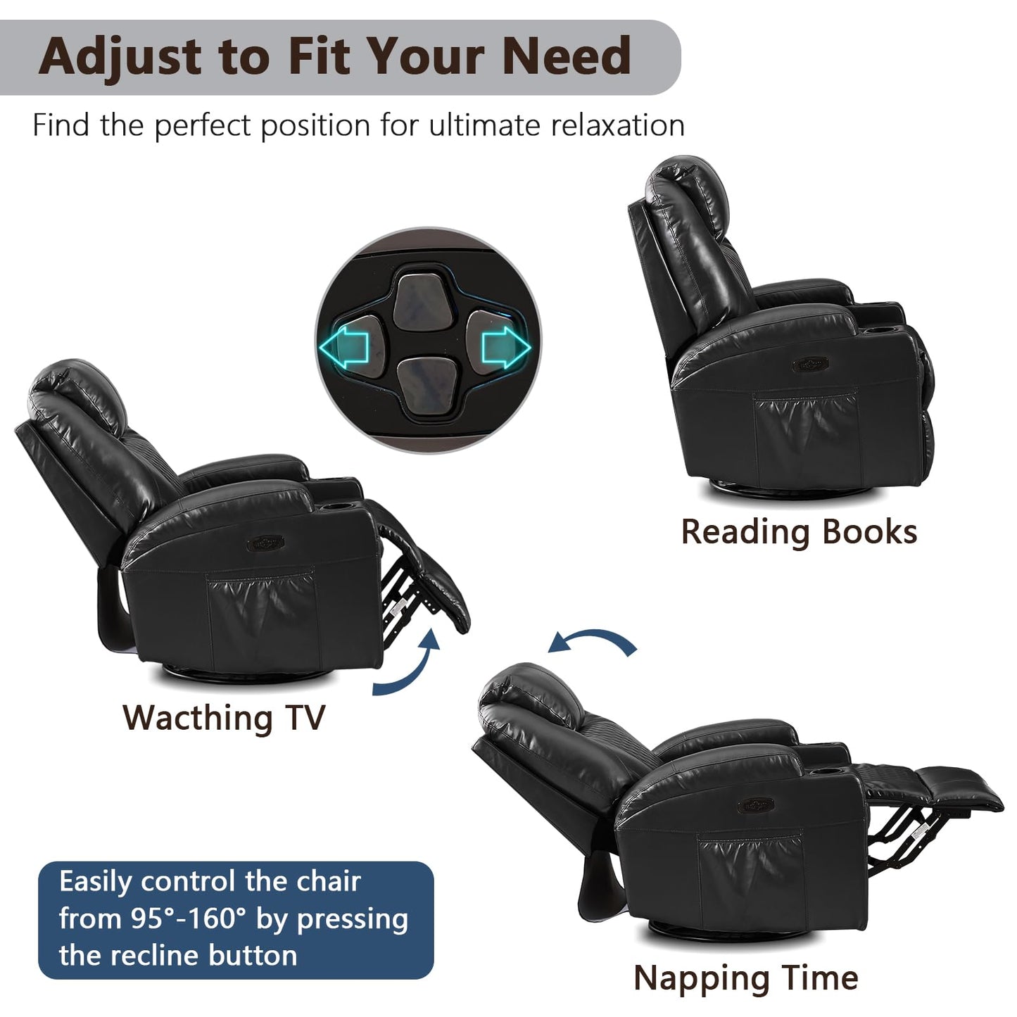 AHMED Power Swivel Rocker Recliner Chair with Massage and Heat, Faux Leather Home Theater Seating with LED Ambient Lighting, Glider Reclining Sofa with Cup Holders for Living Room,Black