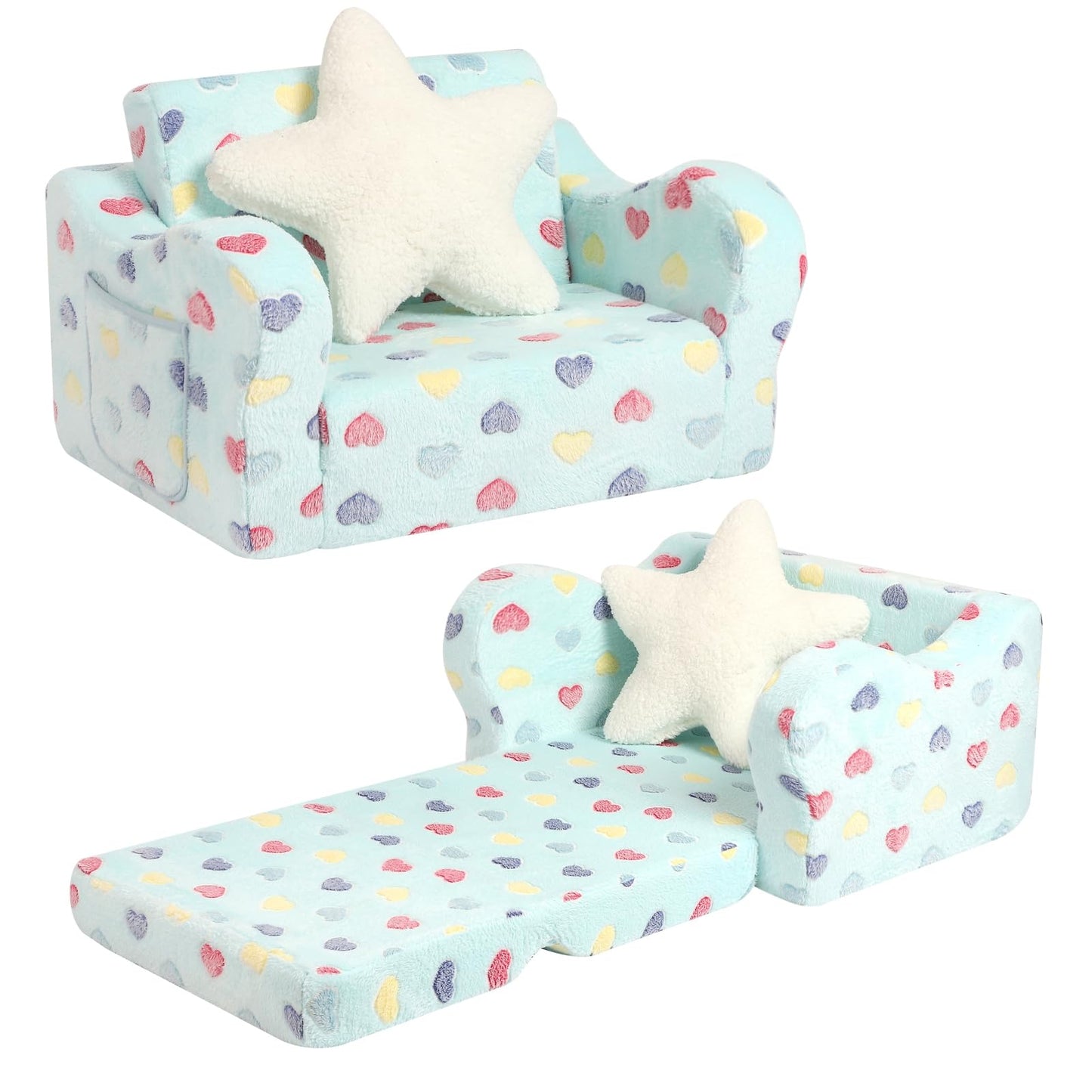 MOMCAYWEX Toddler Couch, 2-in-1 Toddler Soft Couch Fold Out with Star Pillow, Convertible Sofa to Lounger for Girls and Boys, 1-Seat