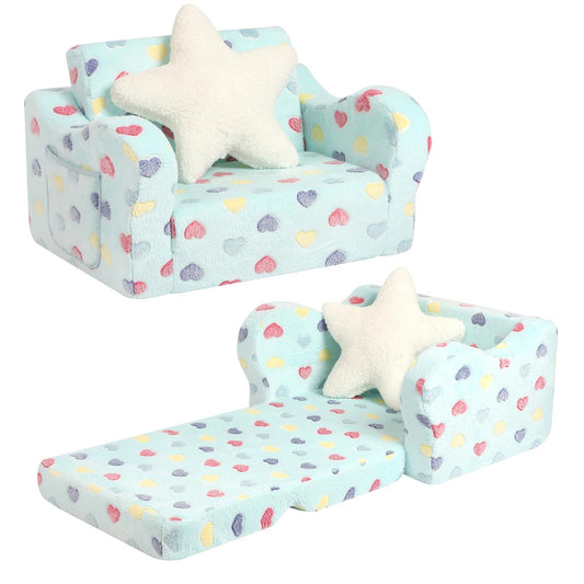 MOMCAYWEX Toddler Couch, 2-in-1 Toddler Soft Couch Fold Out with Star Pillow, Convertible Sofa to Lounger for Girls and Boys, 1-Seat