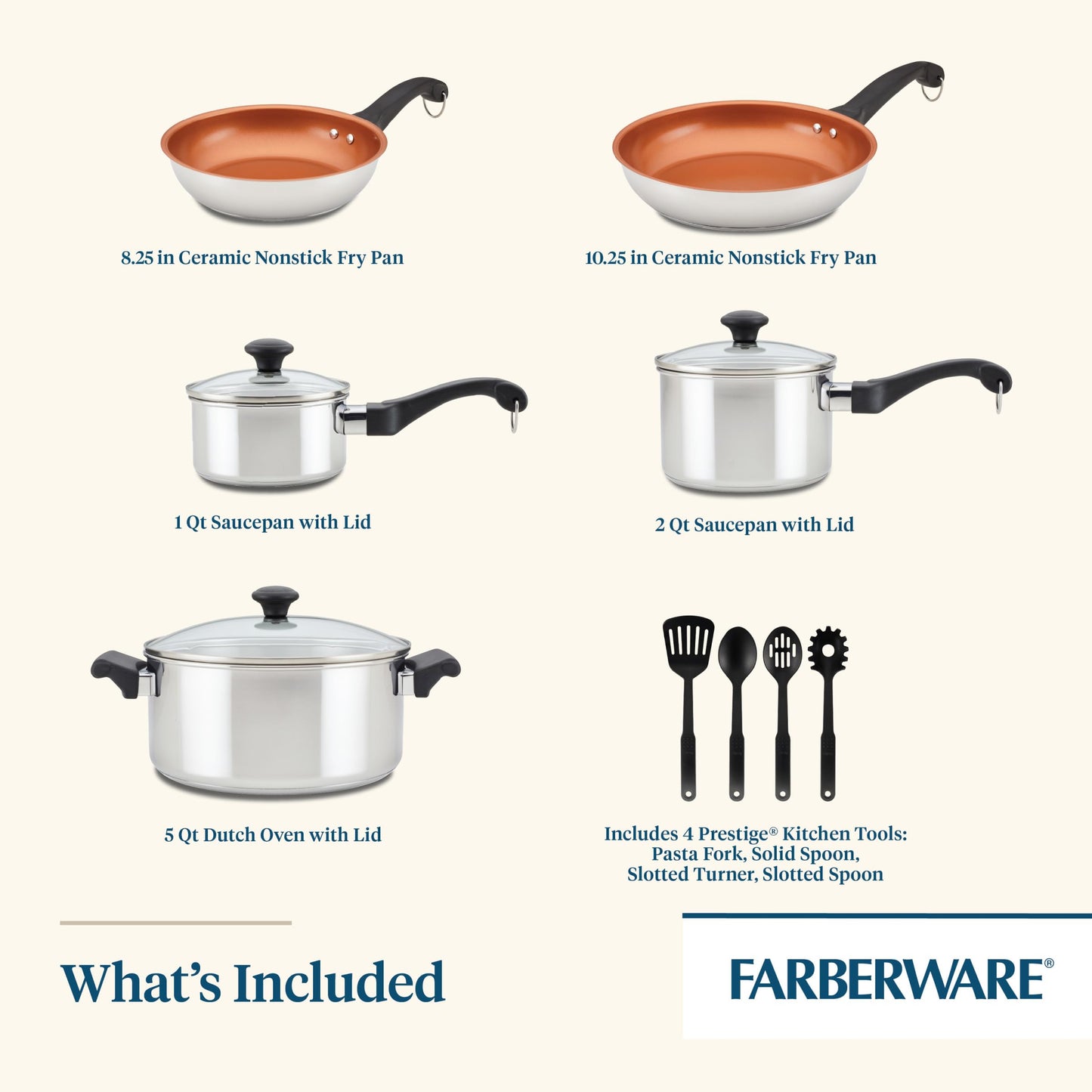 Farberware Classic Traditions Stainless Steel Cookware Induction Pots and Pans Set with Prestige Cooking Utensils, 12 Piece - Stainless Steel