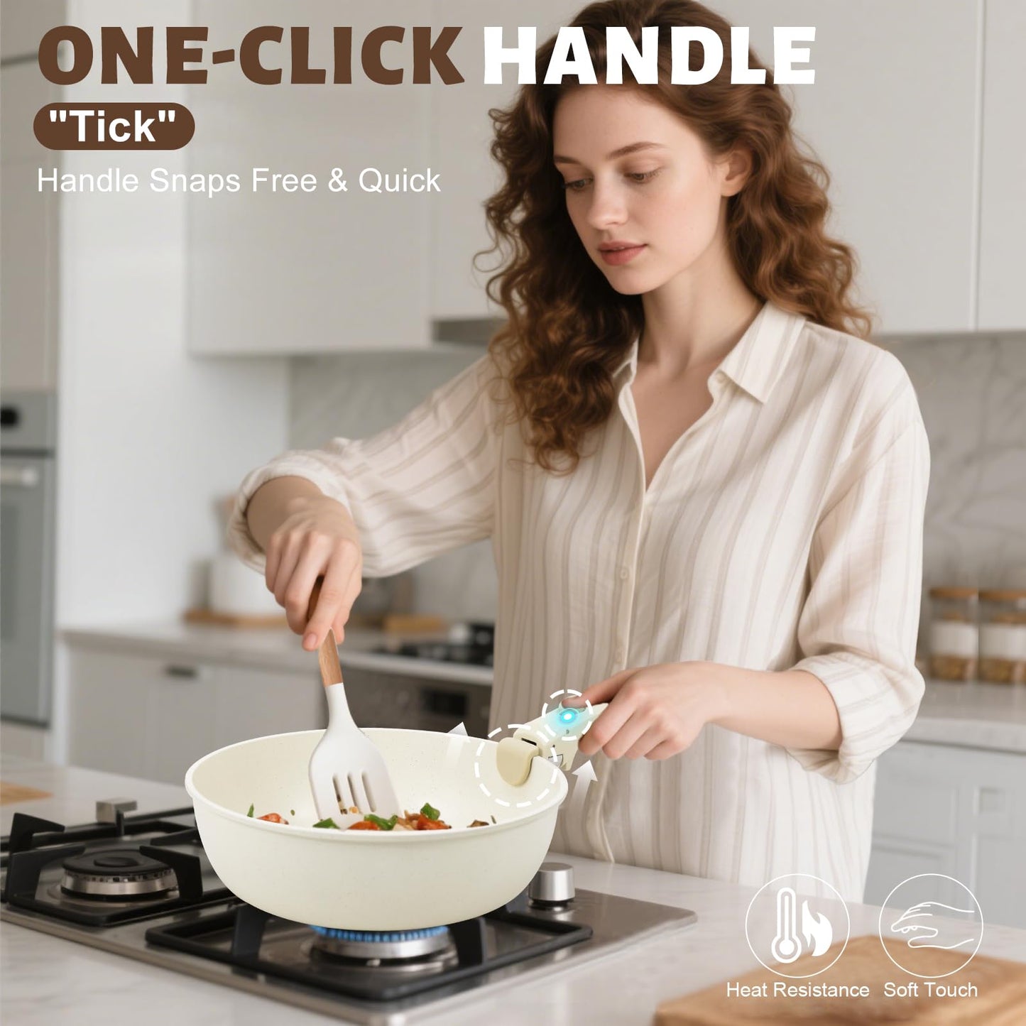 Numola 10 pcs Pots and Pan Set Non Stick with Detachable Handle, Ceramic Cookware Set for Stackable, Induction Kitchen Cookware Set for RV, Dishwasher ＆ Oven Safe, Cream White