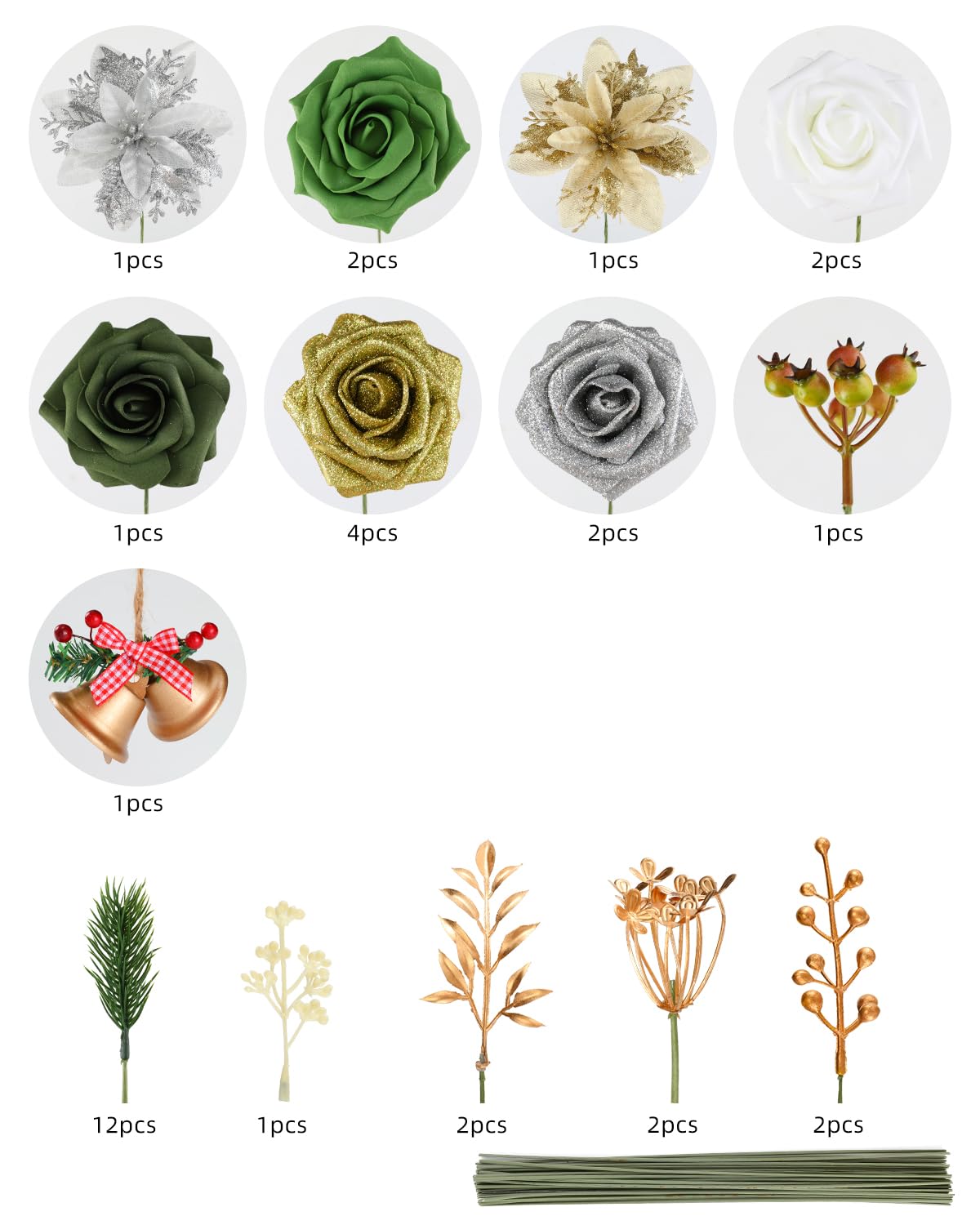 Senseya Artificial Christmas Flowers Poinsettia Combo Set, Mix Silk Flowers Fake Roses with Stems, for DIY Tree Ornaments Xmas Wreath Floral Arrangements Centerpieces Home Christmas Decorations