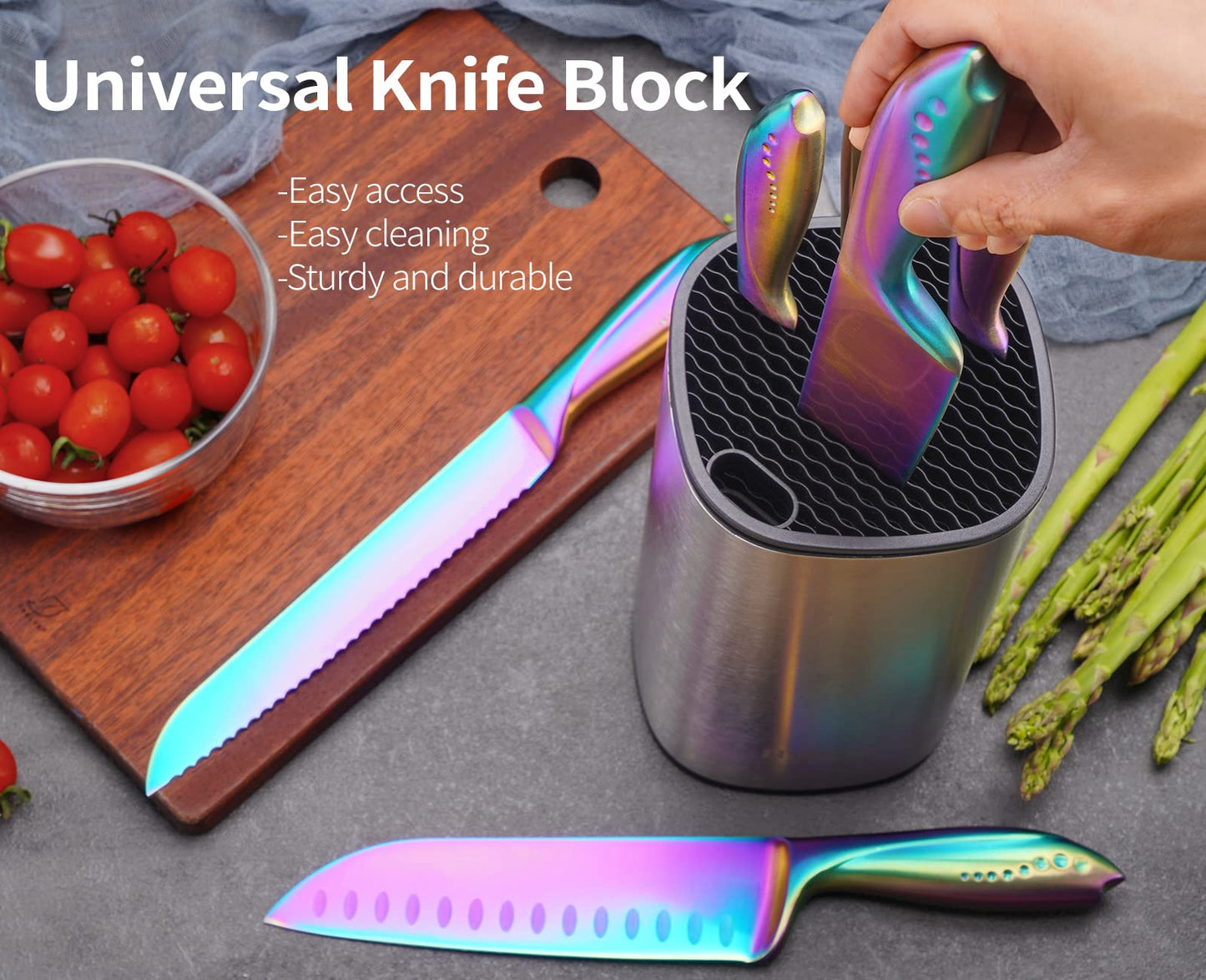 Rainbow Knives Block Set 7 Pieces, Iridescent German High Carbon Stainless Steel Kitchen Knives Pack with Universal Knife Holder