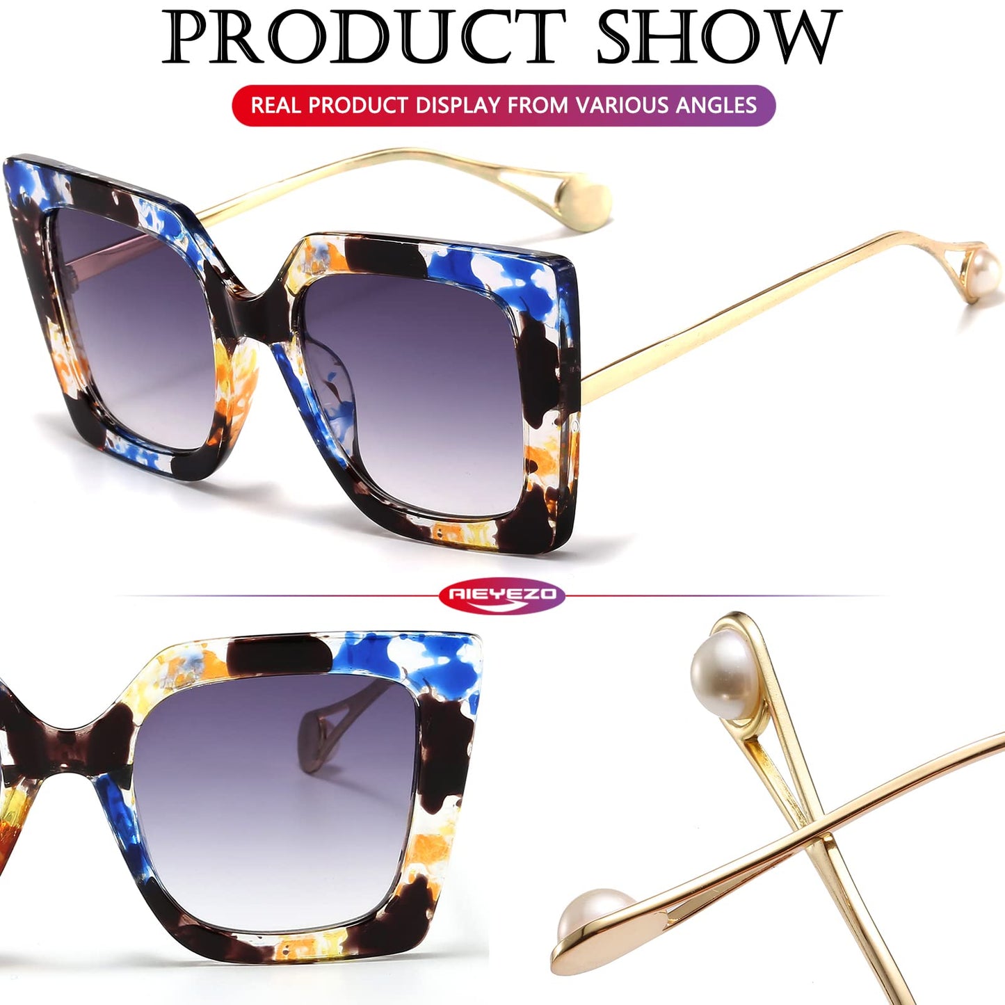 AIEYEZO Fashion Sunglasses for Women Trendy Square Frame Sunglasses UV400 Protection Shades (Black + Flower)