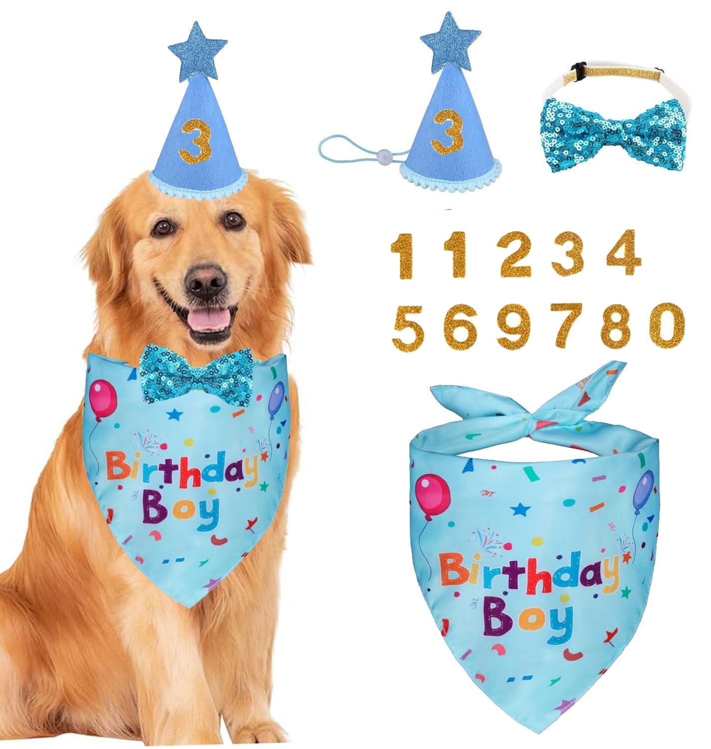 Dog Birthday Bandana Set, Dog Cat Birthday Party Supplies Boy Girl Birthday Party Hat Bow Tie Collar Set with Number for Large Medium Small Pet (Blue)