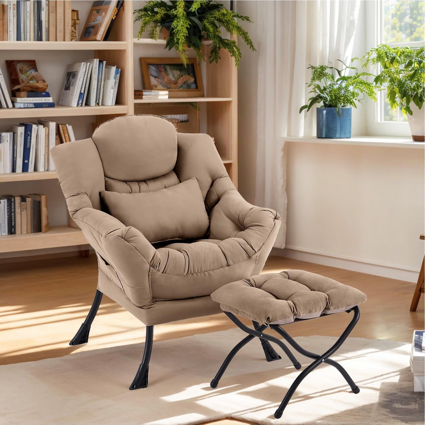 Furlide Lazy Chair with Ottoman, Modern Lounge Armchair with Lumbar Pillow, Accent Cozy Reading Chair and Folding Footstool for Bedroom, Dorm, Living Room,Khaki