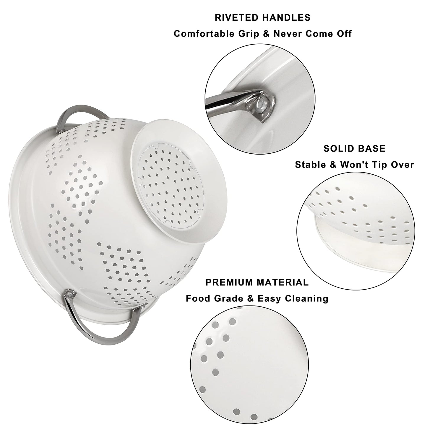 Hillbond Colander Set of 3, 1.5, 3, 5 QT Powder Coated Metal Strainers with Riveted Stainless Steel Handles and Stable Base, Food Strainers and Colanders for Kitchen, White