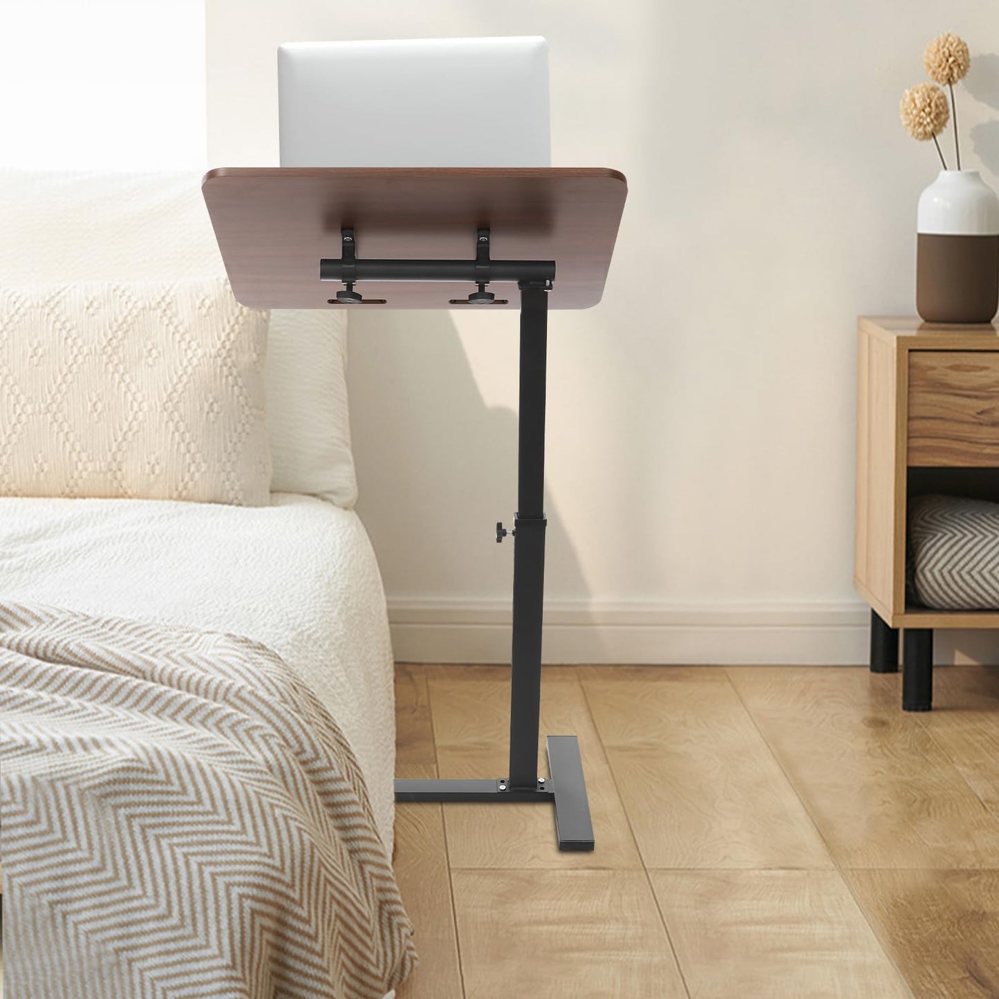 NTNOEA Bedroom C Shaped Side Table, Overbed Table with Wheels Adjustable Height - End Table Living Room Side Table for Laptop, Snack Trays for Eating Coffee Tables for Sofa/Bed/Bathtub (Walnut)