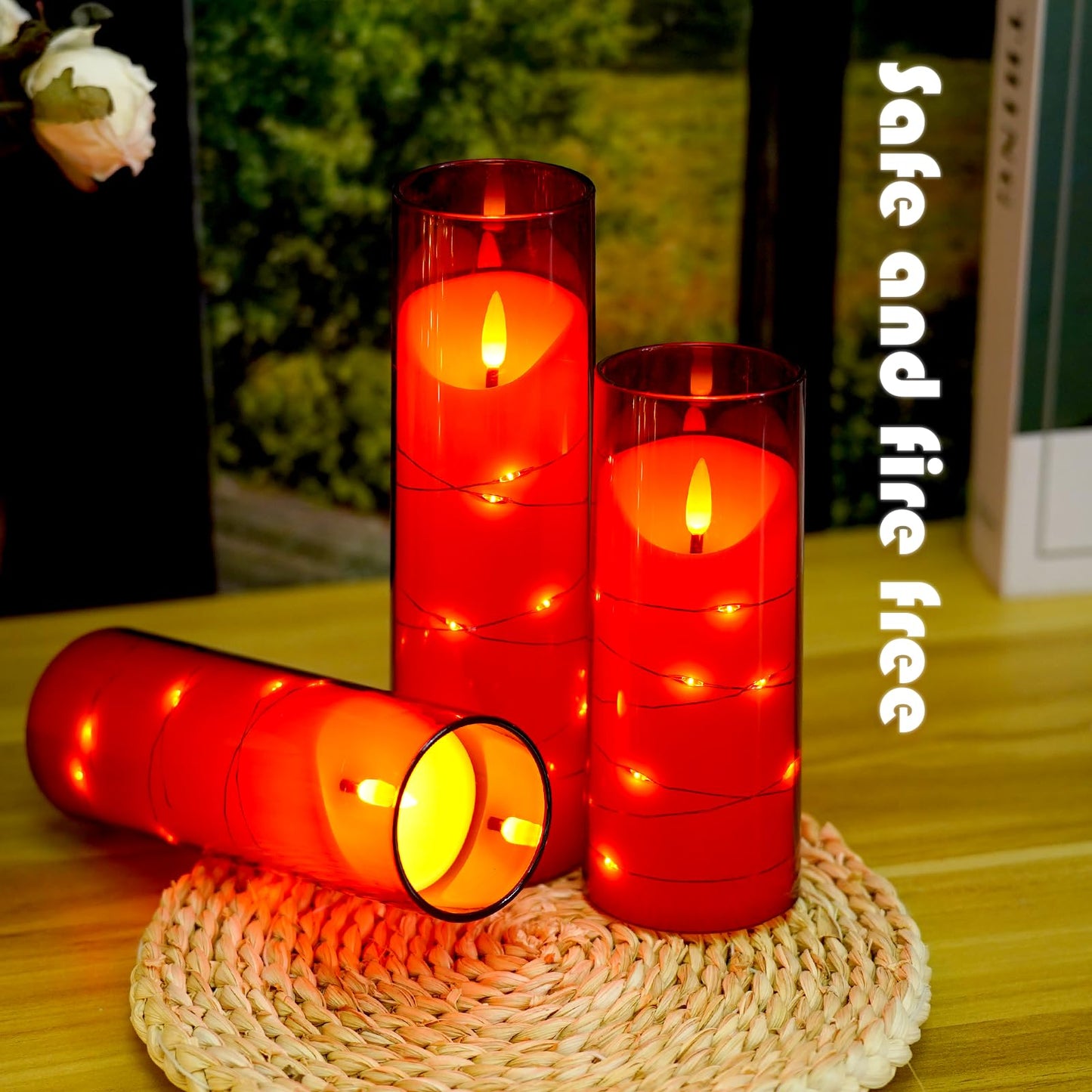 Flameless Candles,with Embedded Star String, Battery Operated Candles Flickering LED Candles with Remote Control and Timer, for Home Decoration Creating an Atmosphere，Set of 5 (Red)