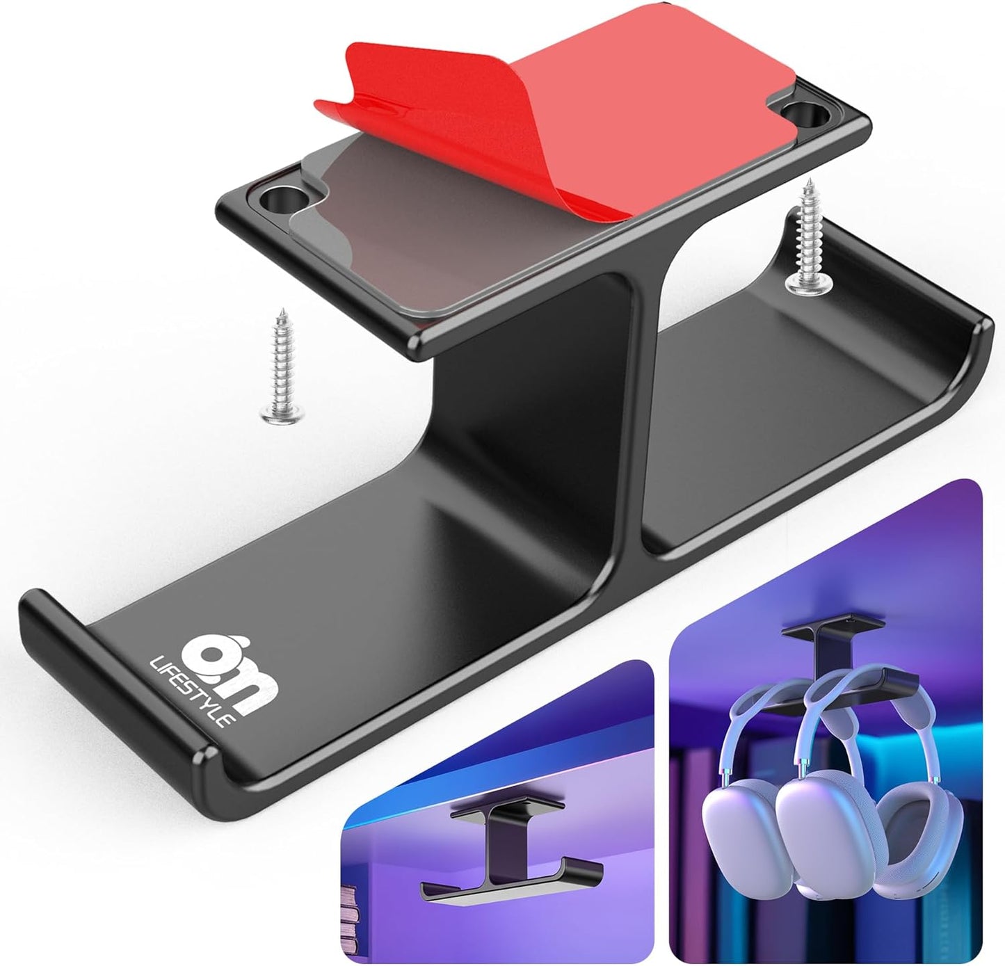 Headset Headphone Stand Hanger Under Desk Designed [Patented] Aluminum Headphone Holder Hook by Strong Adhesive & Screws Universal Compatible with PC Gaming DJ Headsets - BK701