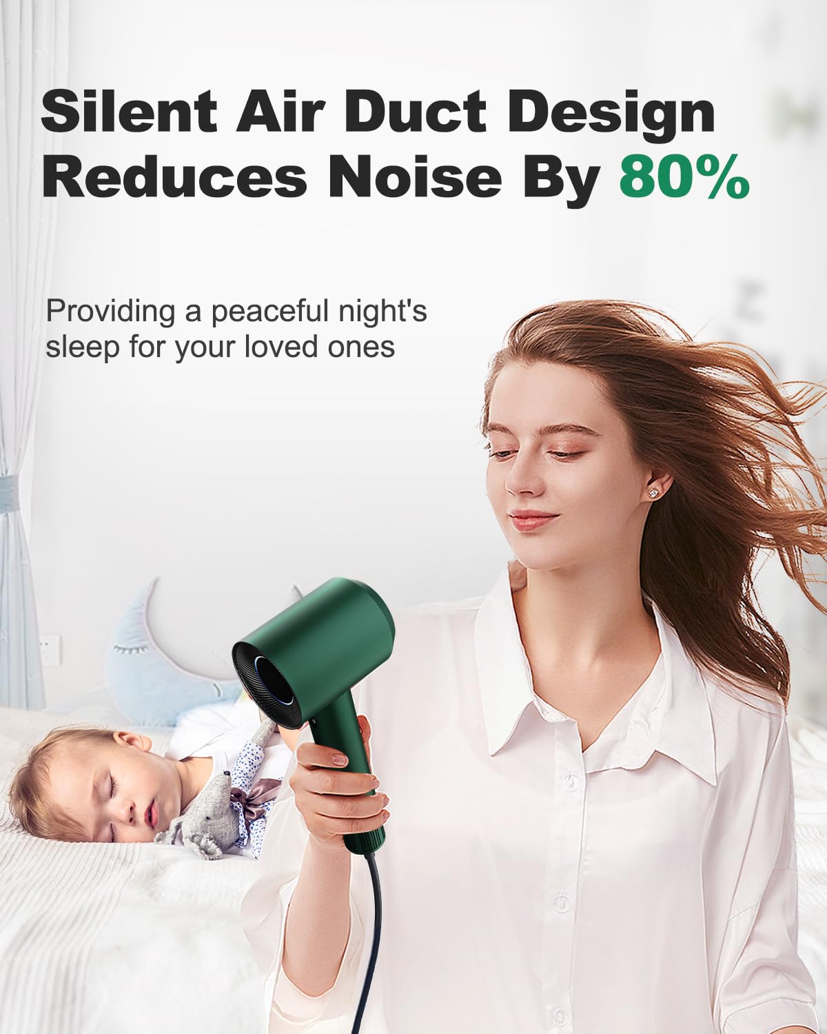 7MAGIC High-Speed Hair Dryer with 110,000RPM Brushless Motor for Fast Drying, Low Noise Blow Dryer with Tri-Colour LED Light Ring, 1400W Ionic Hair Dryer for Home and Travel, Magnetic Nozzle, Green