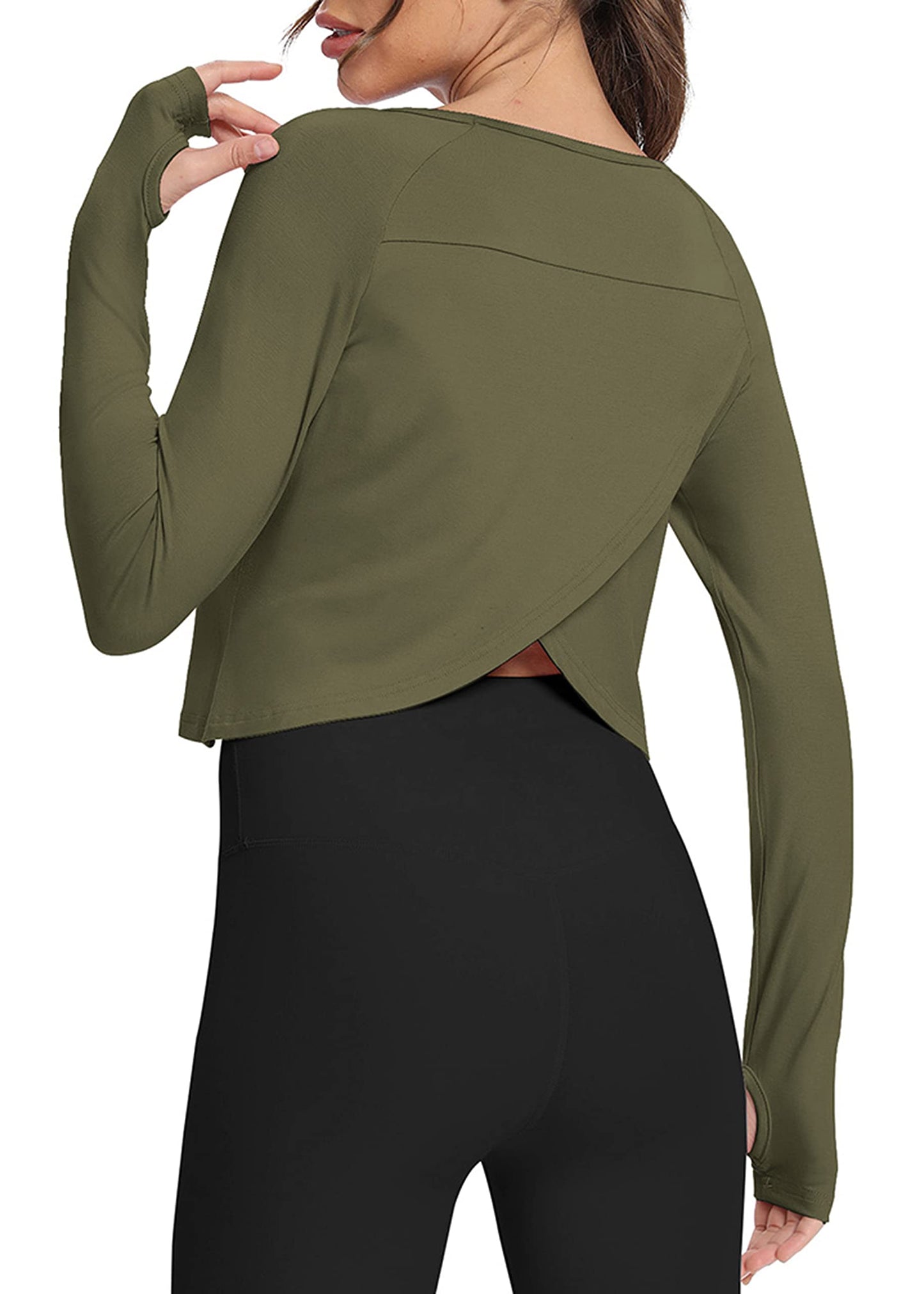 Bestisun Long Sleeve Workout Dance Clothes Split Back Gym Tennis Sports Training Wear Fitness Crop Tops Army Green M