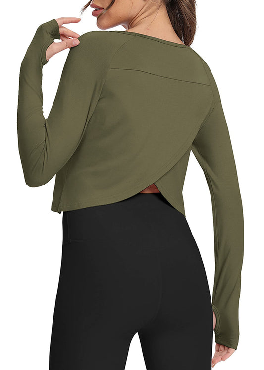 Bestisun Long Sleeve Workout Dance Clothes Split Back Gym Tennis Sports Training Wear Fitness Crop Tops Army Green M