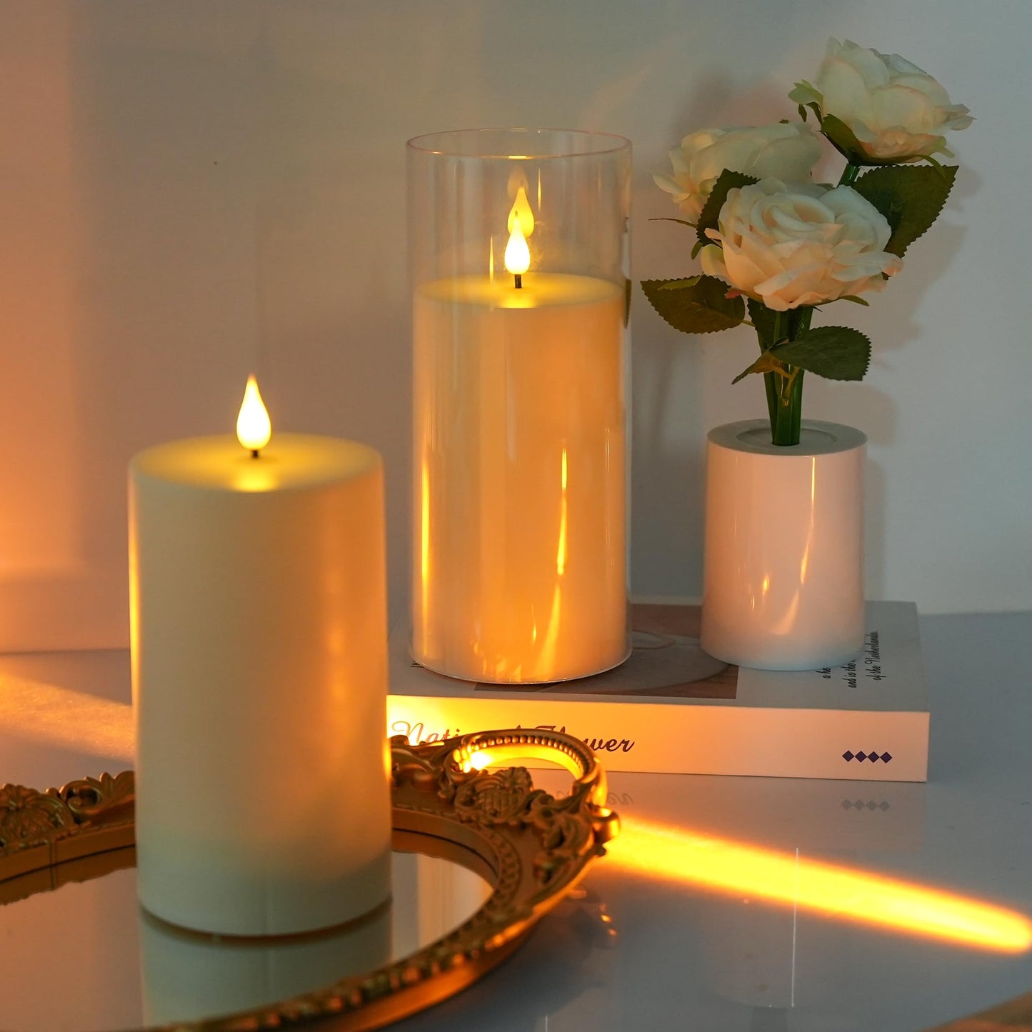 yunsheng 4" x 9" Outdoor Waterproof Flameless Candles with Remote & Cycle Timer, 2PCS Battery Operated Pillar Candles with Removable Acrylic Shell, Large LED Flickering Candles for Patio Decor, Ivory