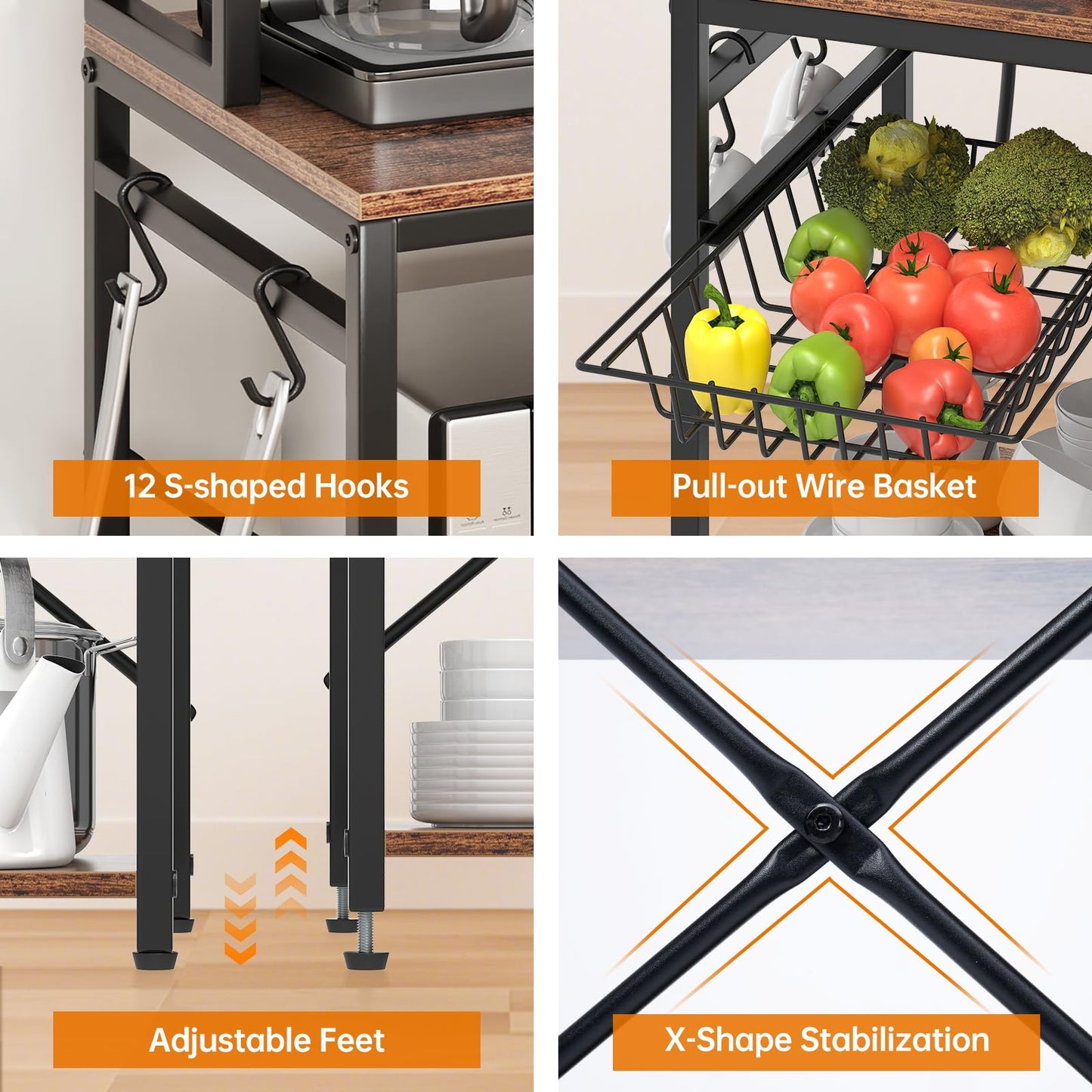 Airynee Bakers Rack with Power Outlet, 7-Tier Microwave Stand, Large Coffee Bar Stand with 12 Hooks & Wire Basket, Metal Kitchen Shelf Organizer for Pots, Spices, Easy Assembly, Rustic Brown