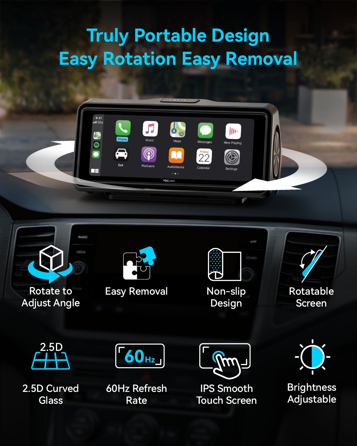 Portable Apple Carplay Screen for Car, Touch Screen with Wireless Android Auto, Car Audio Receivers with Voice Control, Mirror Link, Music Play, GPS Navigation, Built-in Customized Speakers (Black)