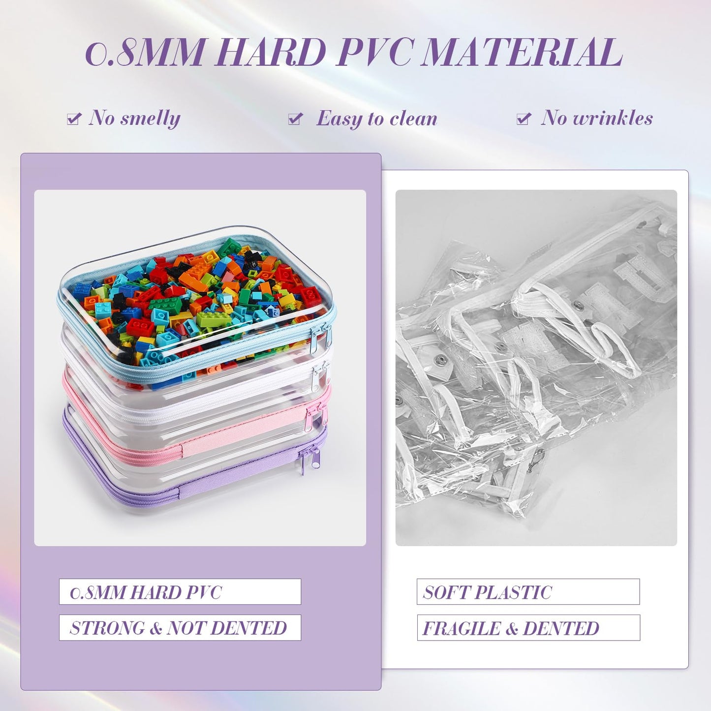 Hoolerry 4 Pcs Hard Clear Zipper Case Transparent Cases for Snacks Makeup Bag Plastic Storage Box Containers for Building Blocks, Puzzles, Cosmetics (Multicolor,9.8 x 7.9 x 2 in)