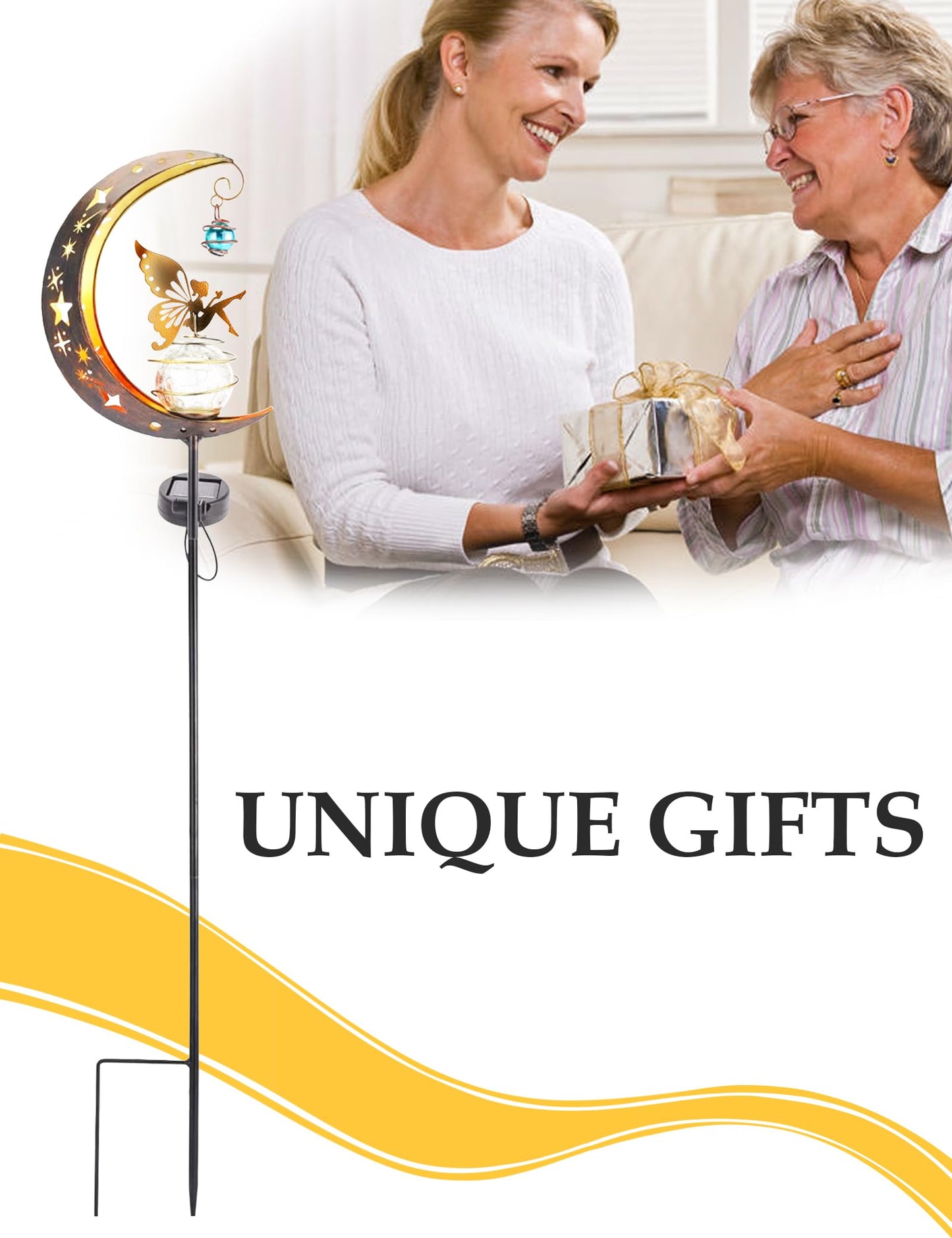 FKKsparkler Solar Powered Garden Decor Lights Moon Fairy Crackle Glass Globe with Gold Angel Decor Waterproof Stake Lights for Pathway, Yard, Lawn, Patio Outdoor Decor Garden Gifts Decoration