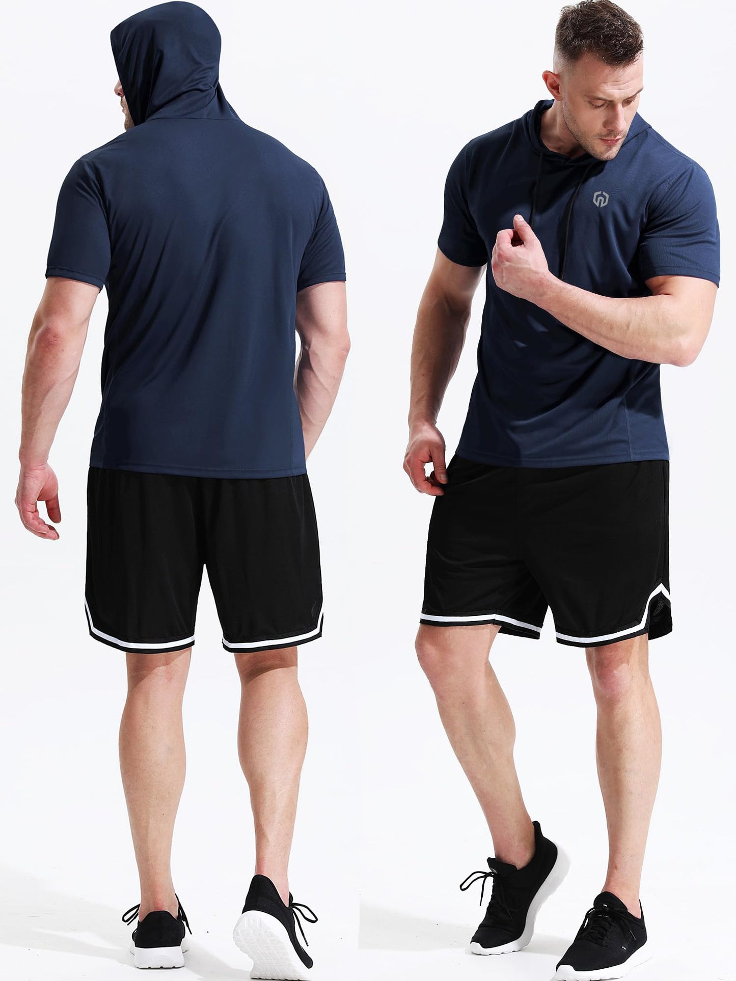 NELEUS Men's Running Shirt Mesh Workout Athletic Shirts with Hoods,5084,3 Pack,Black/Grey/Navy Blue,US 2XL,EU 3XL